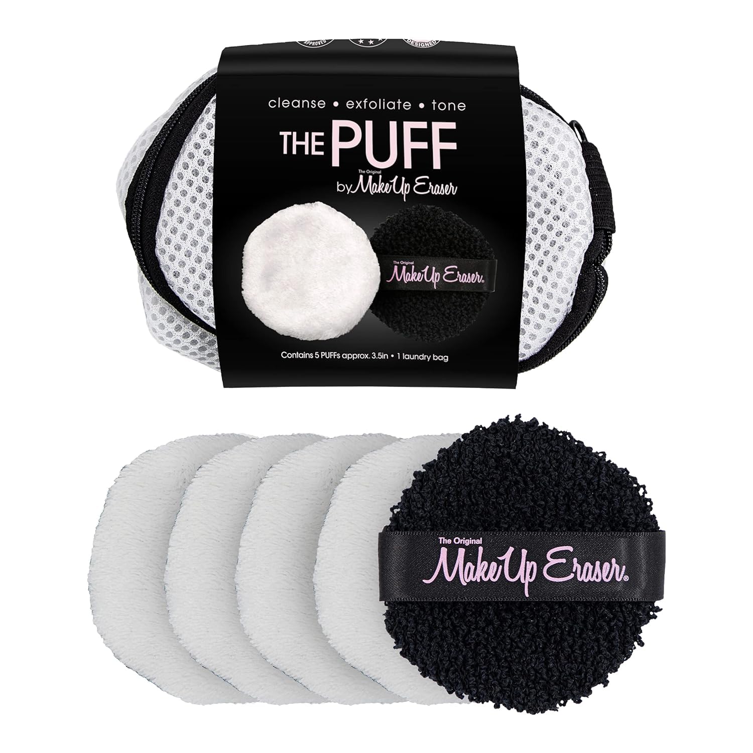 Makeup Eraser Puff 5Pc Set, Reusable And Machine Washable Rounds, Laundry Bag Included,5 Count (Pack Of 1)