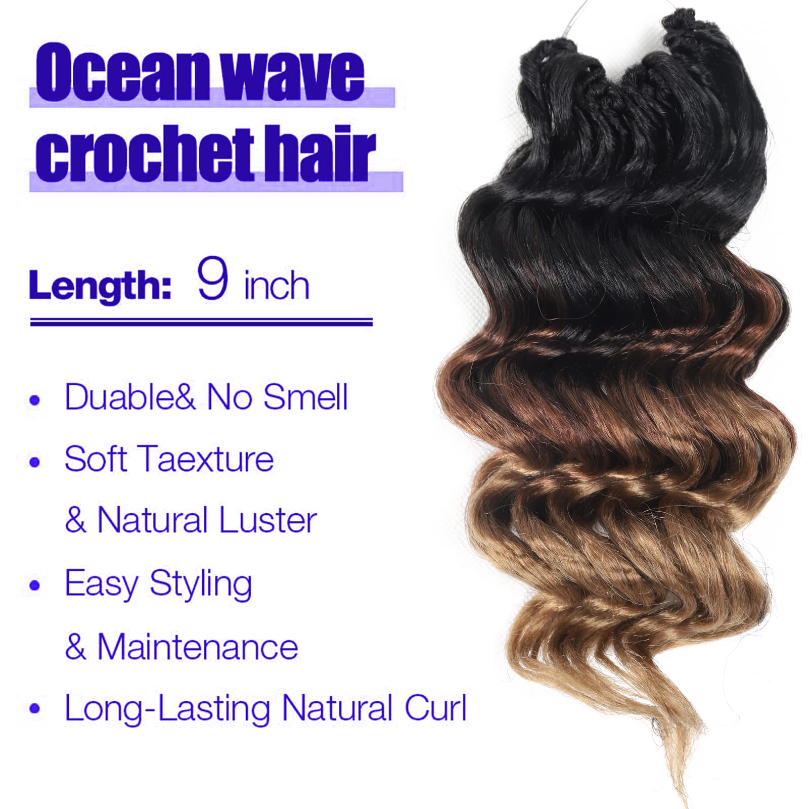 Ocean Wave Crochet Hair 9 Inch Brown Blonde Ombre Curly Braiding Ocean Wave Hair 7 Packs T1 30 27 Deep Wave Short Wavy Ocean Wav