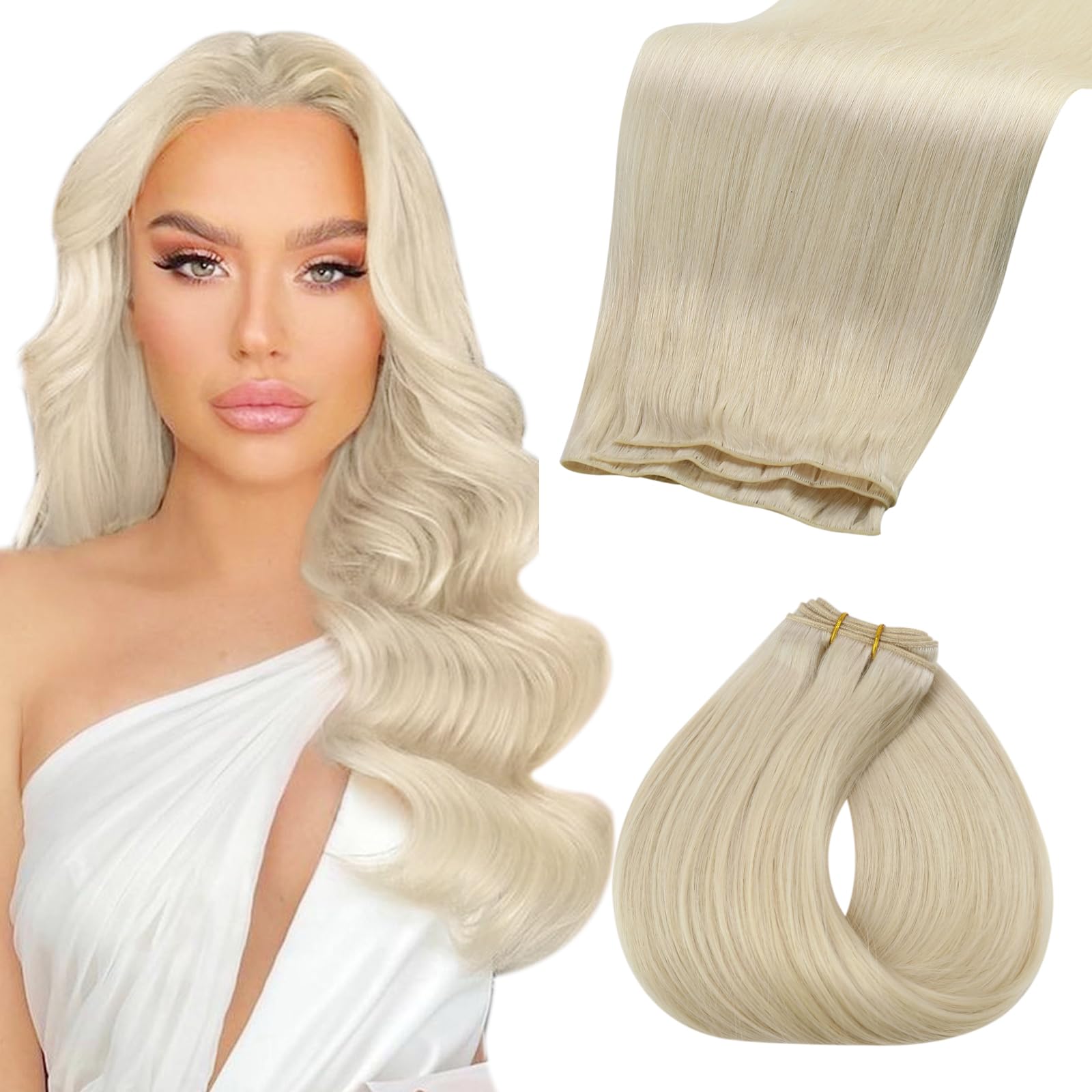 Fshine 18 Inch 1-#60 Platinum Blonde Weft Human Hair Extensions, 50g Real Human Hair, Women Hair Extensions, Remy Human Hair