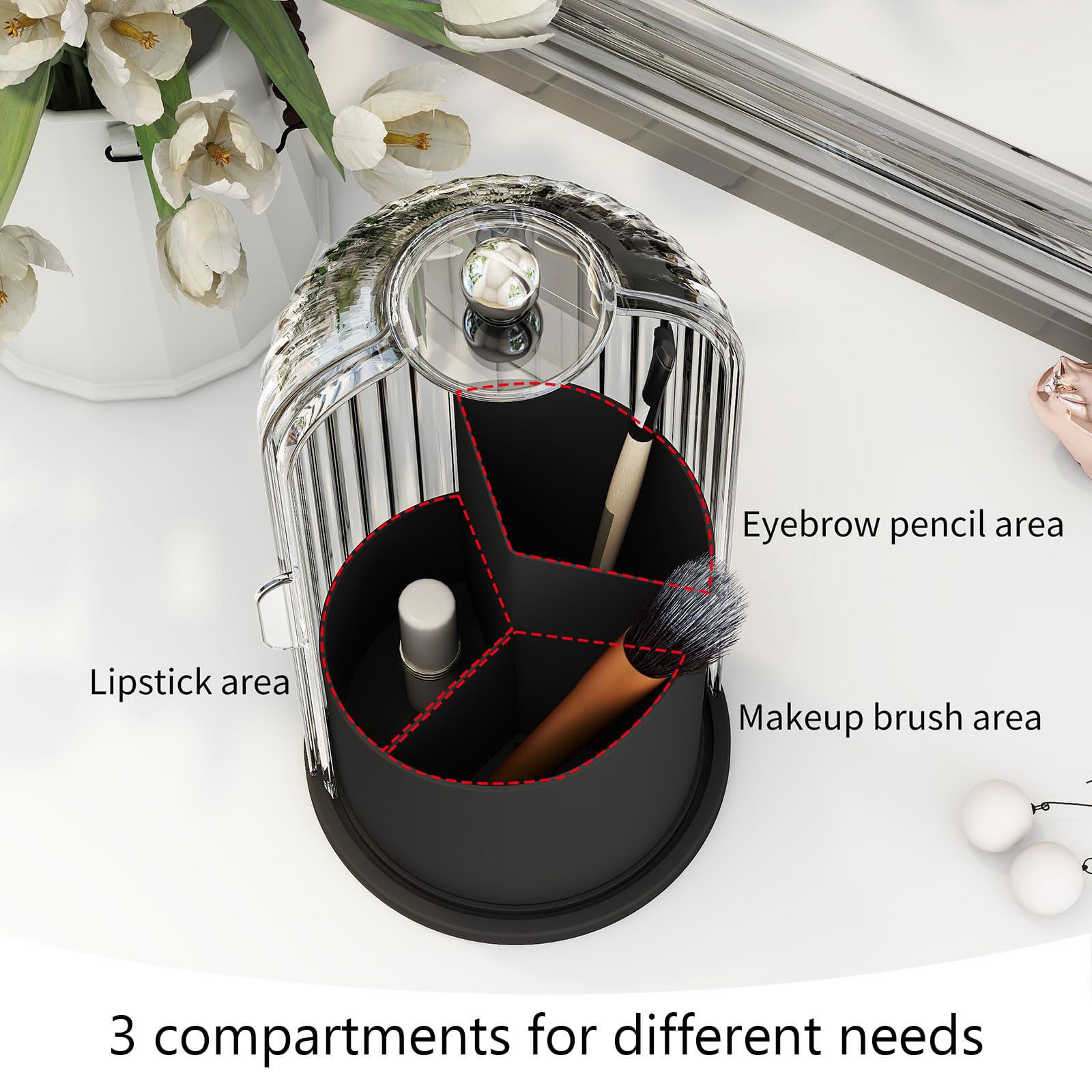Emljkvp Makeup Brush Holder With Dustproof Cover 360 Rotating Makeup Brush Organizer For Vanity Bathroom, White/Black