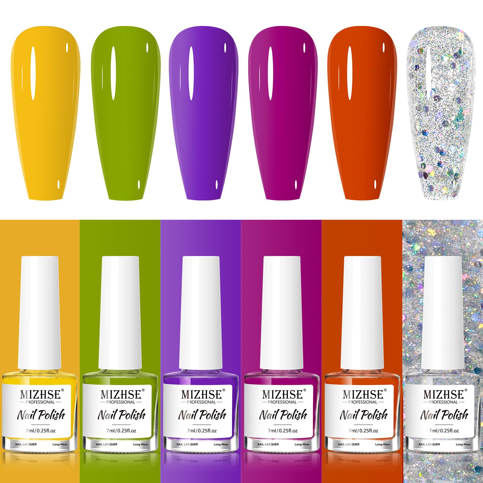 MIZHSE Nail Polish Set Bright Colors Quick Dry Nail Polish for Women Girls, Fall Nail Polish Yellow Green Purple Rose Pink Air D