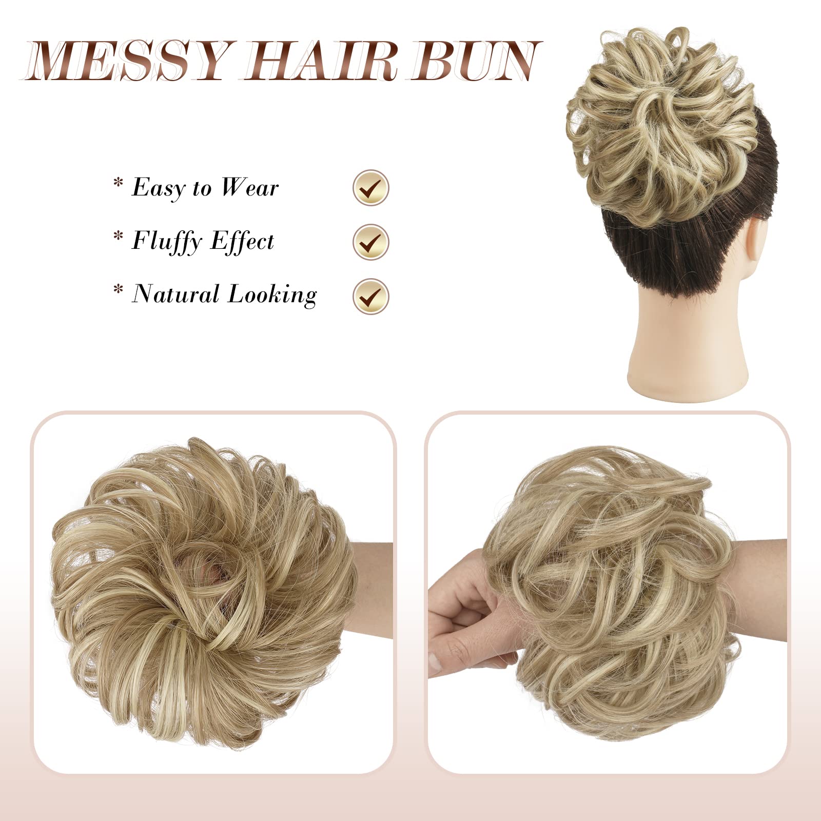 Feshfen Hair Buns Hair Piece Hair Scrunchies For Women Thick Hair Extension Bun Messy Wavy Ponytail Hairpieces Updo Chignon 1Pcs