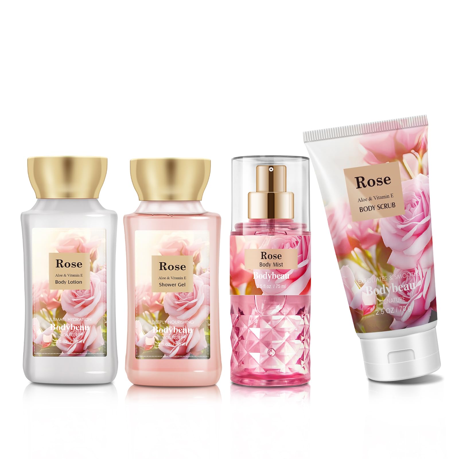 Bath And Body Gift Set For Women & Girls, Rose 4Pcs Set For - Shower Gel, Body Lotion, Body Mist, Exfoliating Scrub, Personal Po