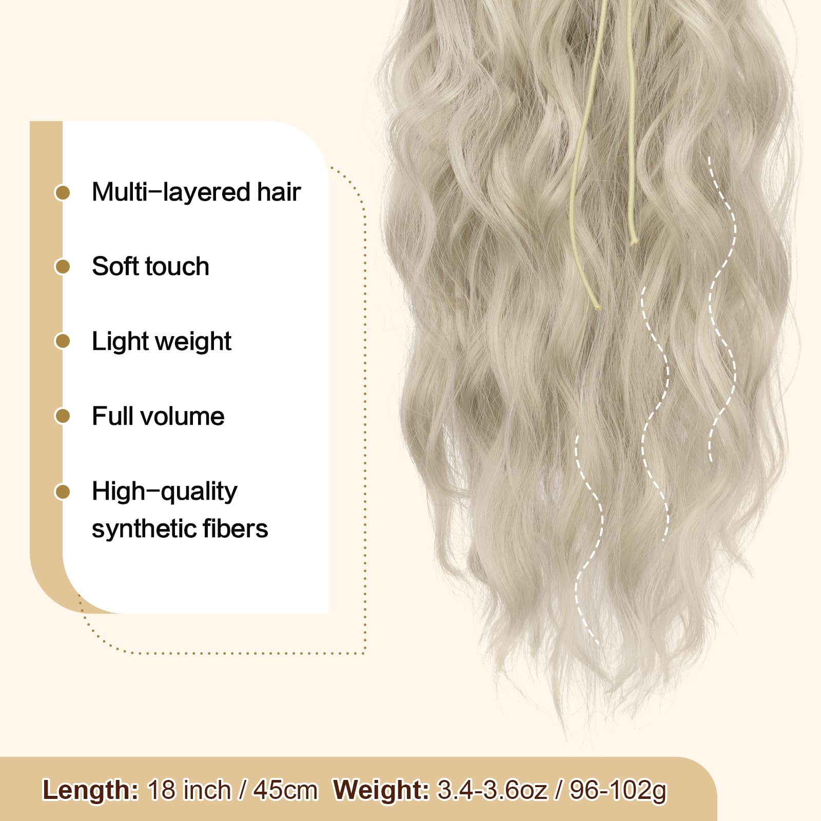 Feshfen Ponytail Extensions, Drawstring Ponytails Hair Extension Platinum Silver Blonde Long Curly Wavy Hair Piece Synthetic Pon