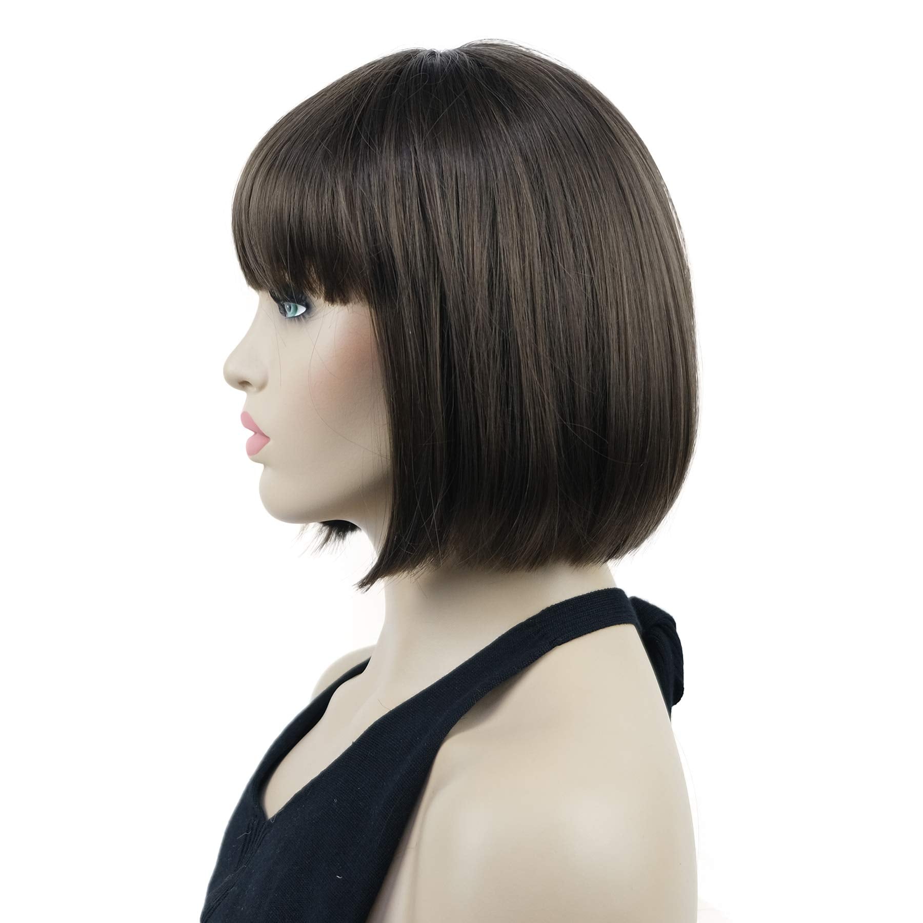 Lydell 8'' Straight Short Bob Hair Flat Bangs Cute Central Dot Skin Top Heat Resistant Synthetic Wigs (8 Light Chestnut Brown)