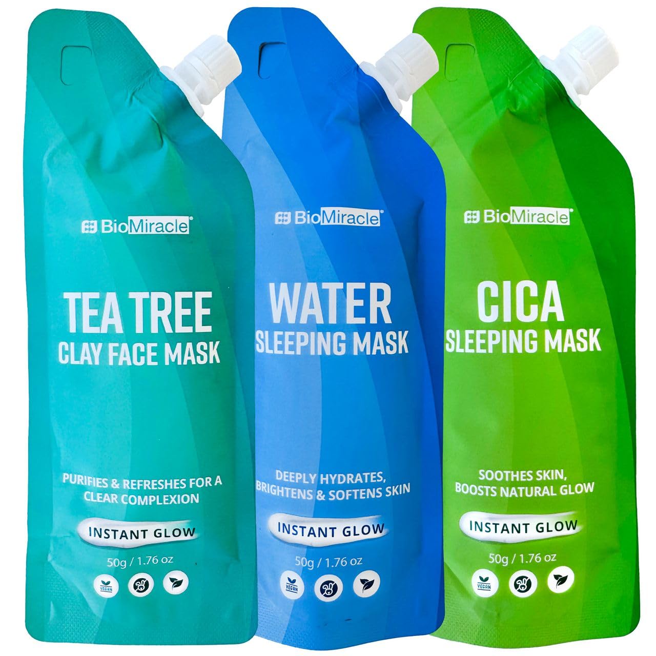 BioMiracle Face Mask Variety Pack  3in1 Set with Cica Masks, Water Sleeping and Tea Tree Clay Mask  Soothing, Hydrating & Cl