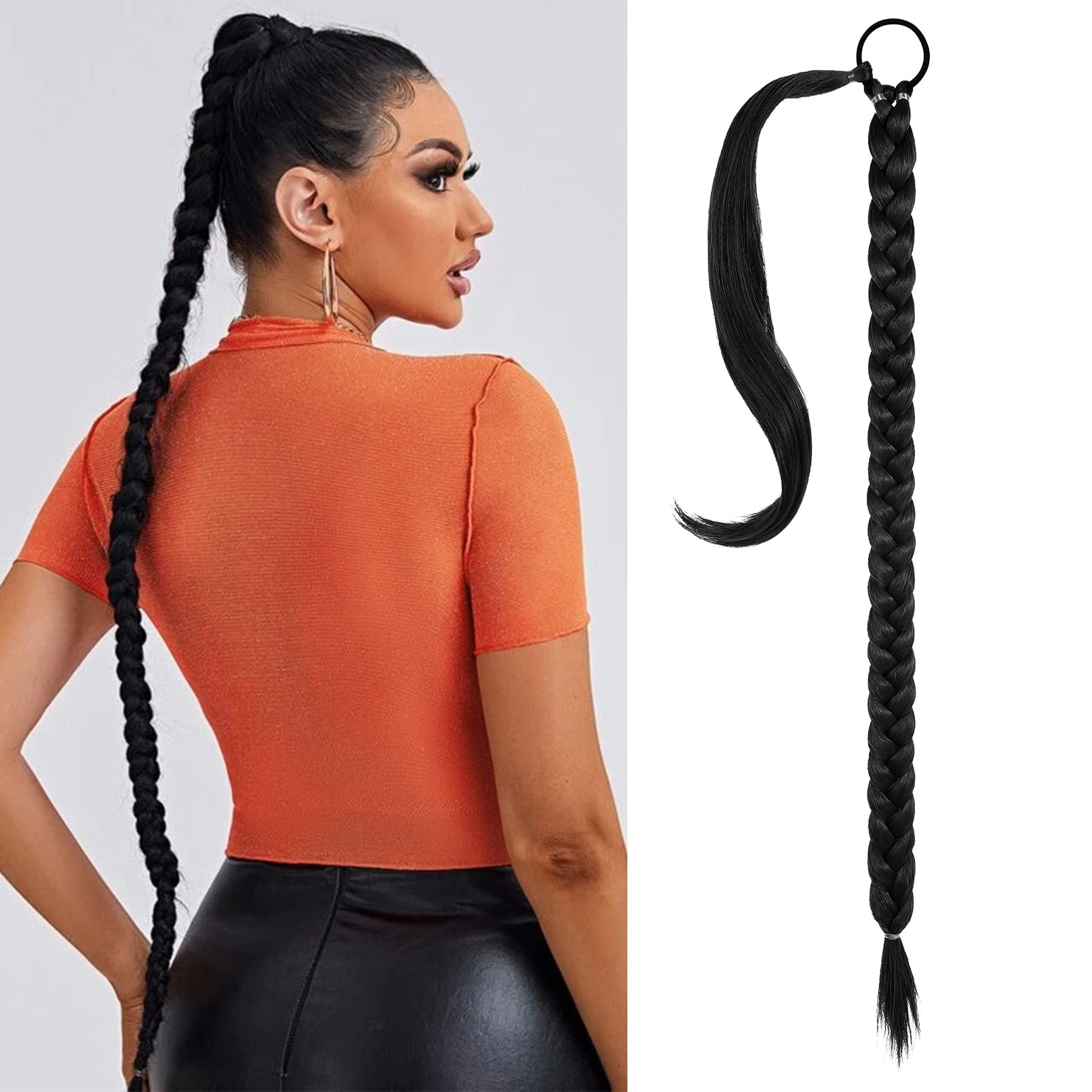 SEIKEA Long DIY Braided Ponytail Extension with Hair Tie Straight Wrap Around Hair Extensions Ponytail Natural Soft Hair Piece D