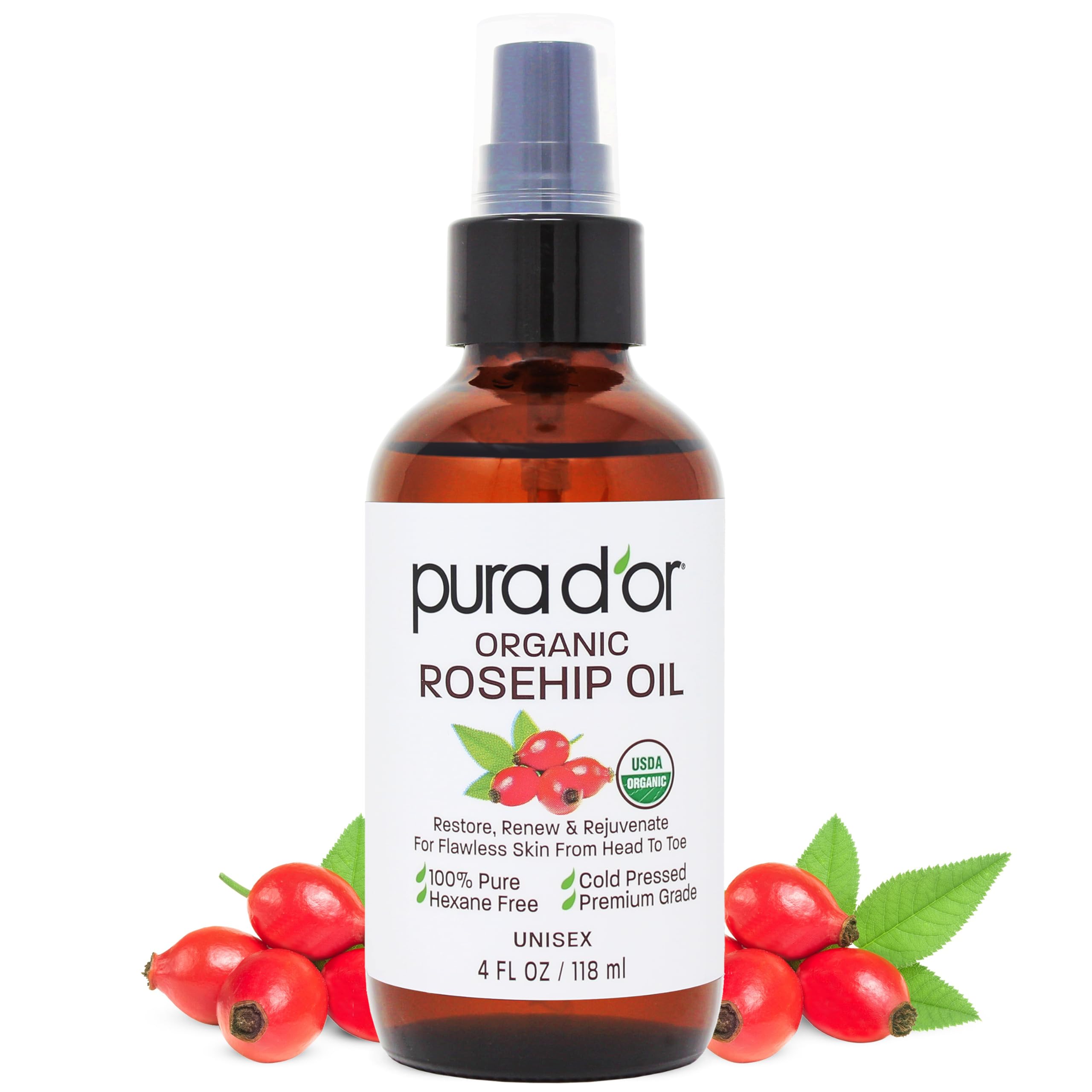 Pura D'Or 4 Oz Organic Rosehip Seed Oil 100% Pure Cold Pressed Usda Certified All Natural Moisturizer For Anti-Aging, Acne Scar