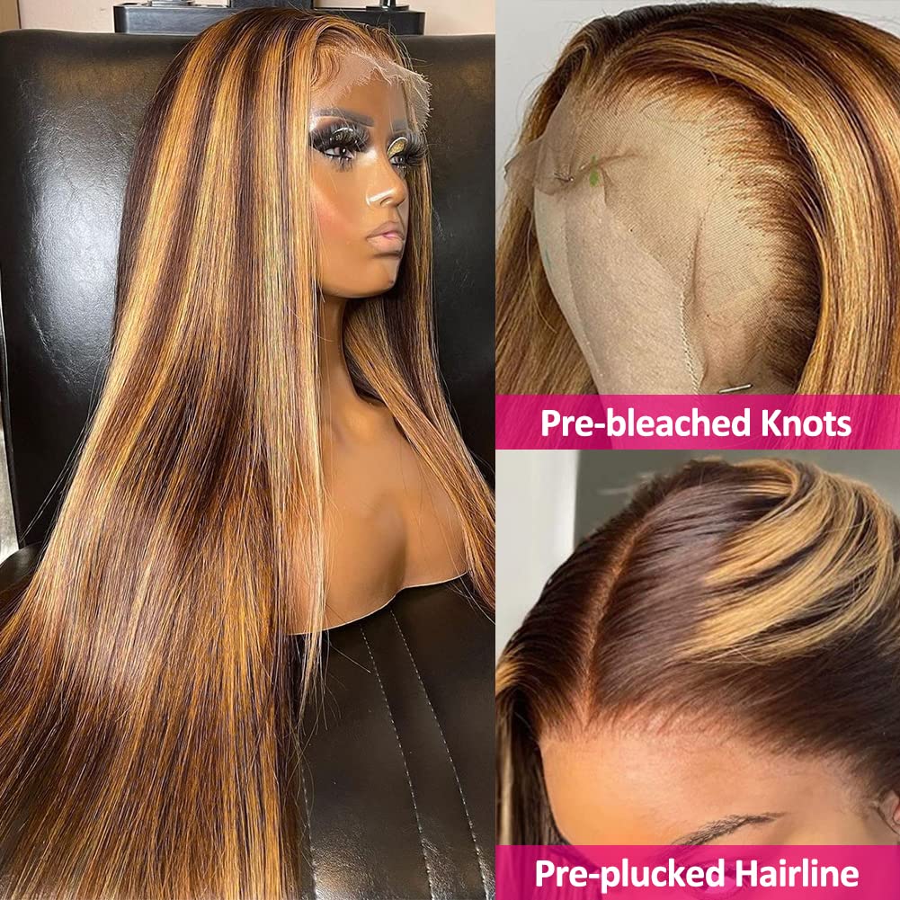 Flady Highlight Ombre Lace Front Wig Human Hair Pre Plucked 4/27 Colored Honey Blonde HD Lace Frontal Wigs For Black Women Human