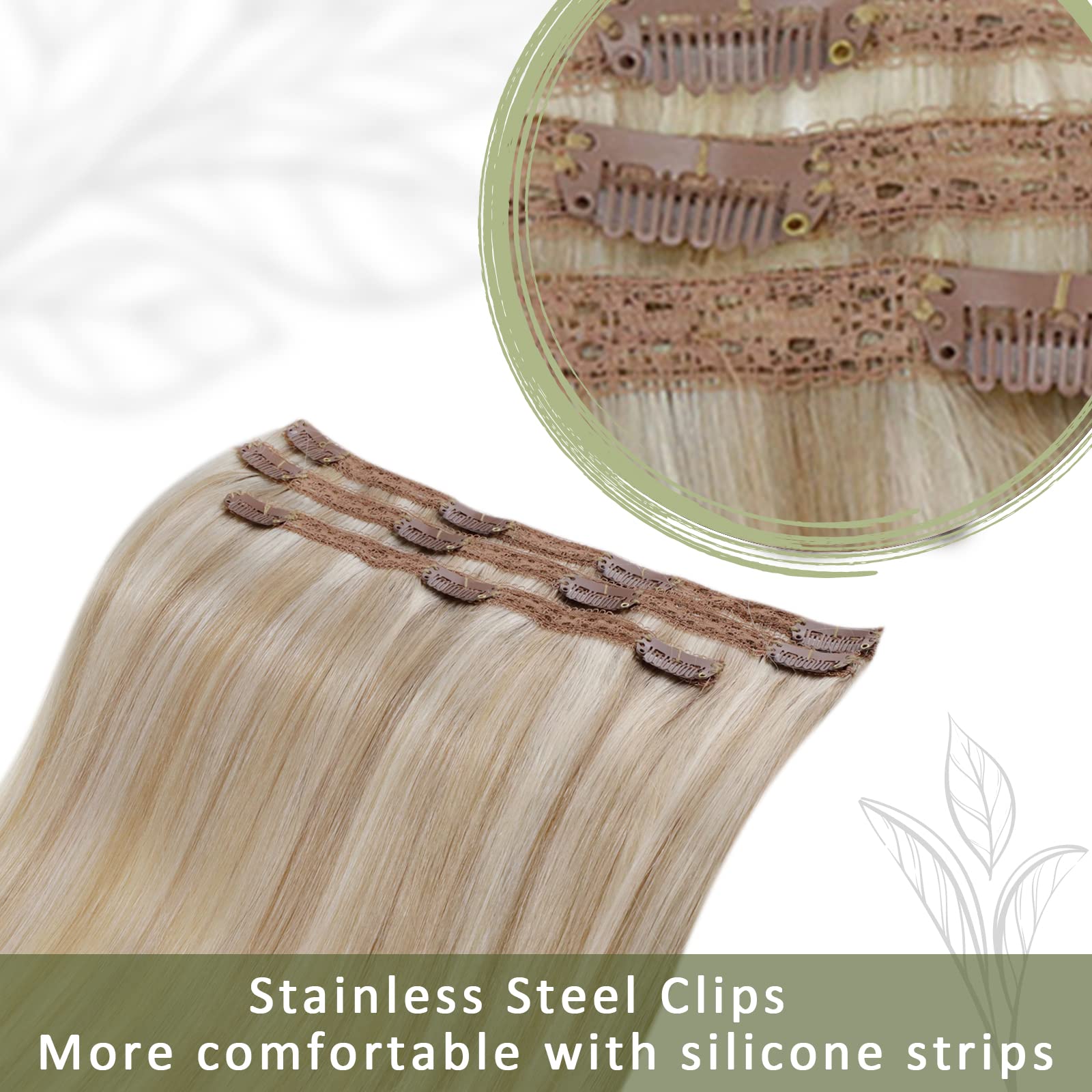 Runature Clip In Human Hair Extensions Ash Blonde Highlights Clip In Hair Extensions 16 Inch 50G Straight Clip In Hair Extension