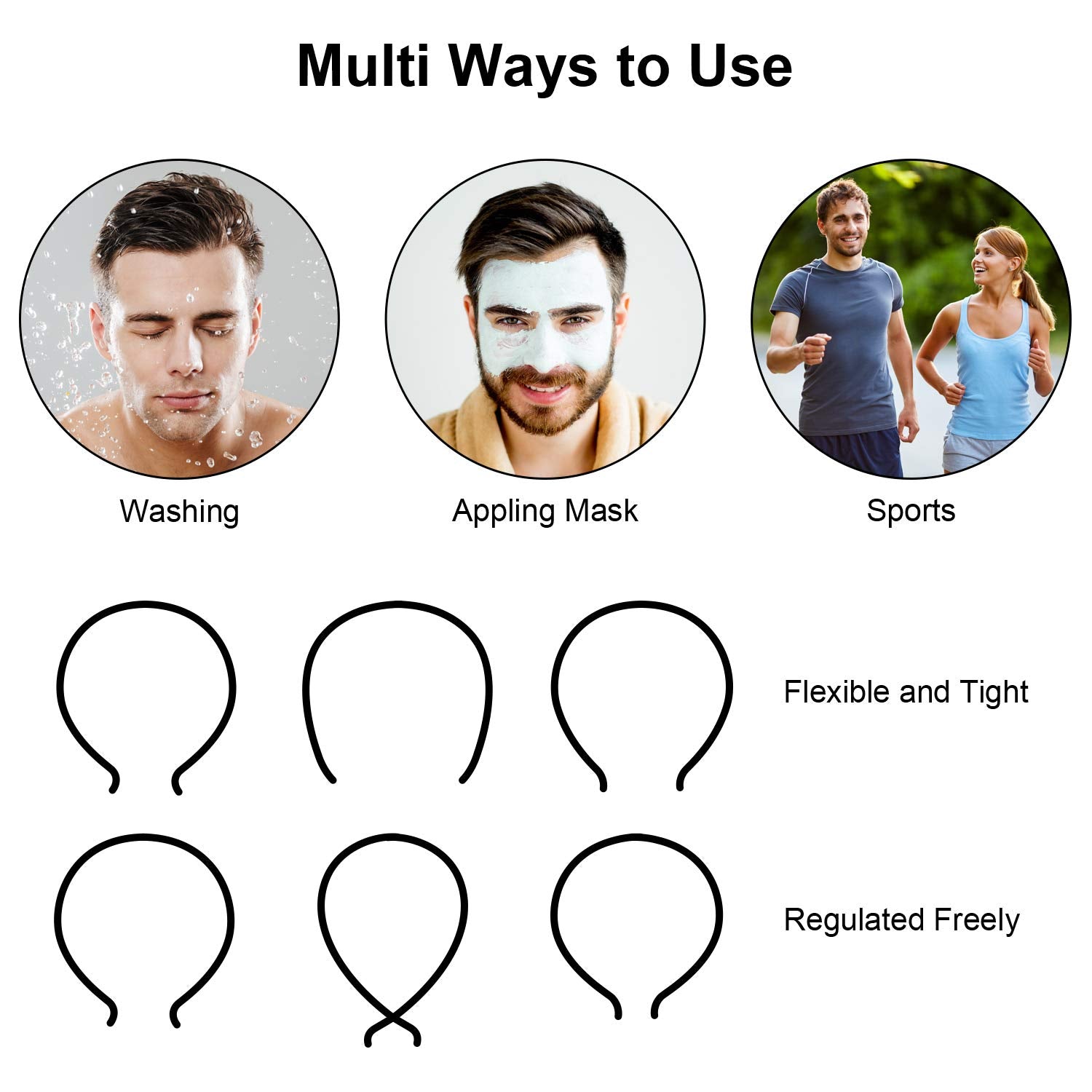 Willbond Hairband, 3 Pack Metal Headband For Men Unisex, Wavy Wired Zigzag Spring Sports Fashion Headwear, Non Slip Hair Hoop, H