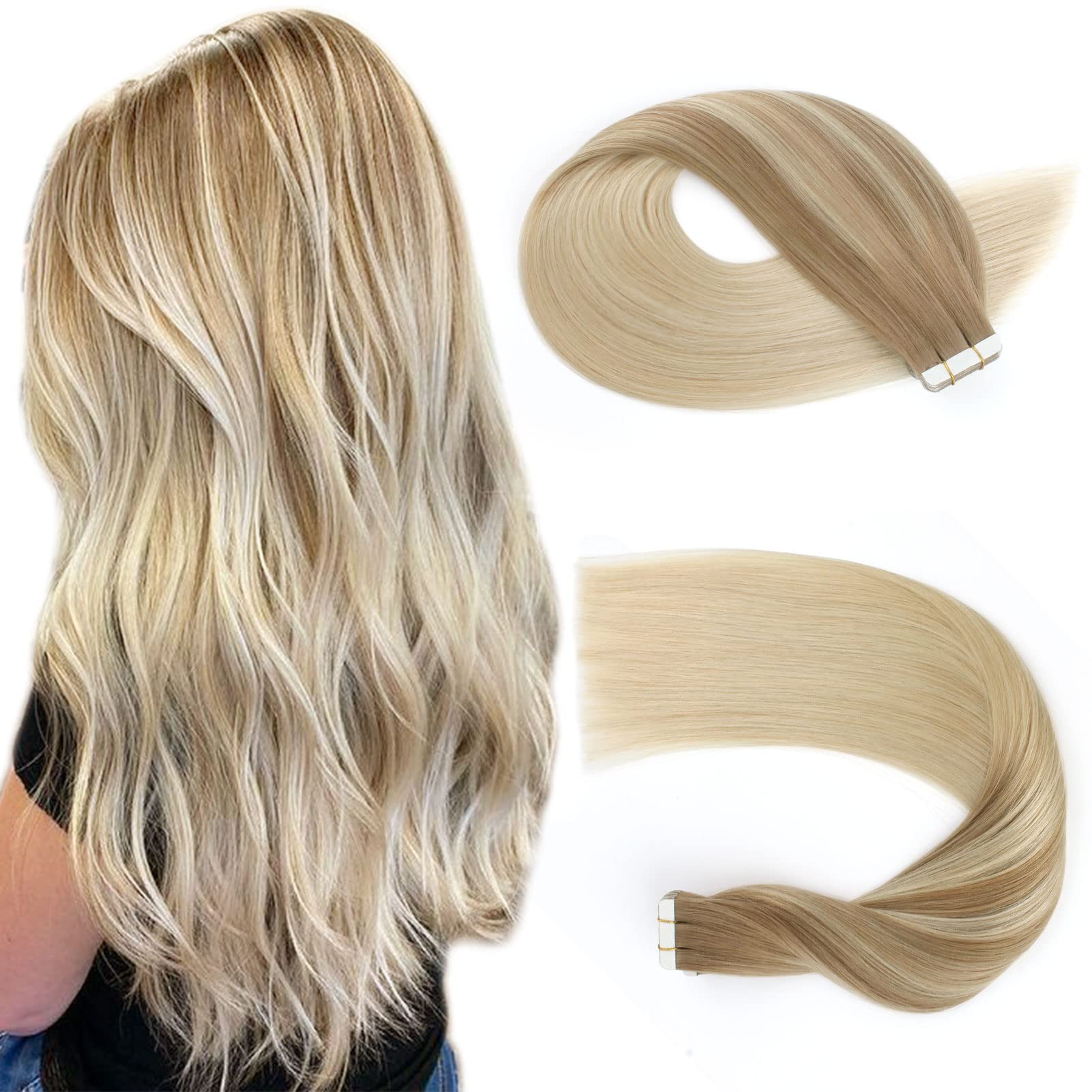 Sassina 16 Inch Balayage Invisible Tape In Hair Extensions Human Hair Chestnut Brown To Platinum Blonde Real Hair Extensions Tap