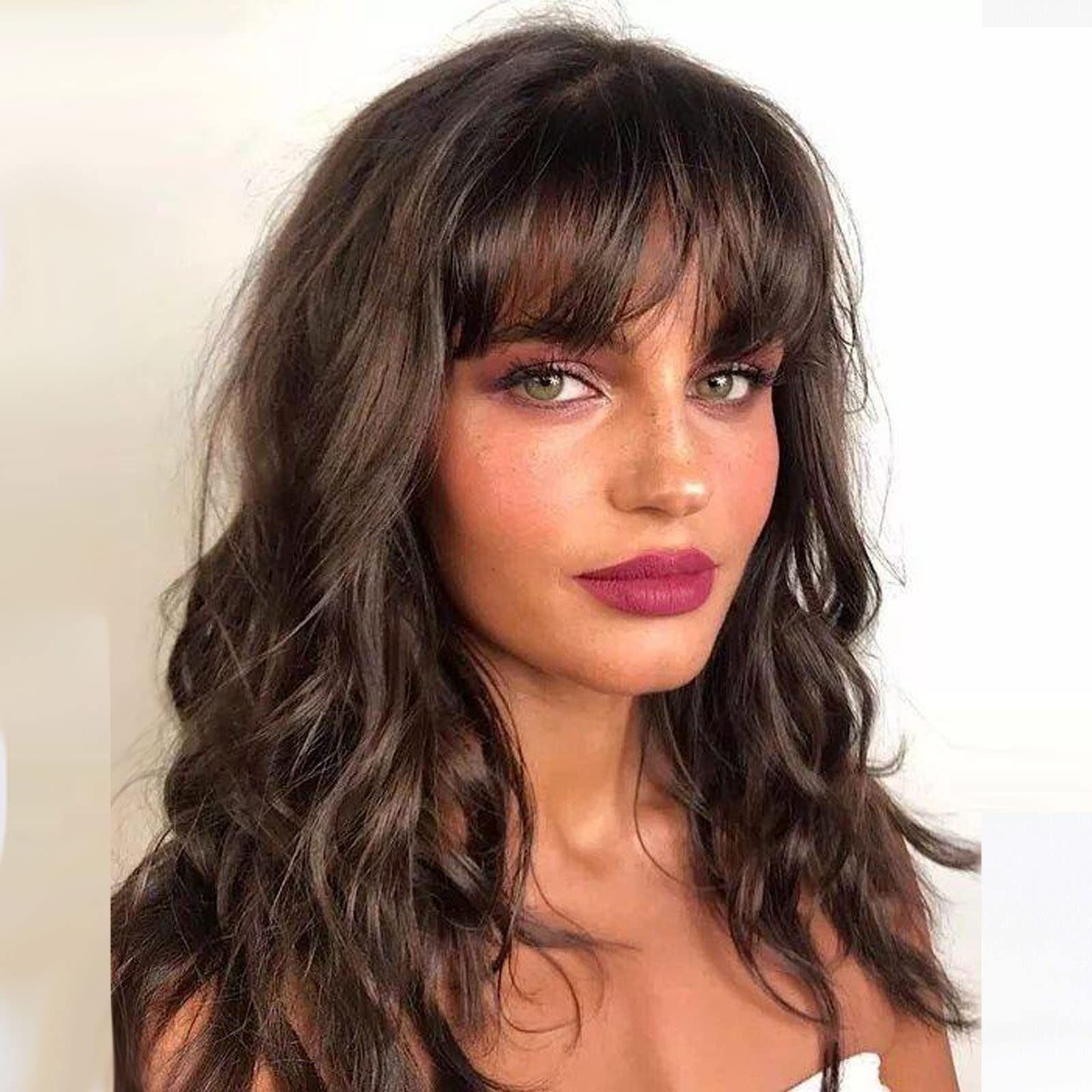 HAIRCUBE Short Brown Wavy Bob Wig With Bangs,Shoulder Length Wigs for Women Short Curly Women's Wigs Natural Looking Heat Resist