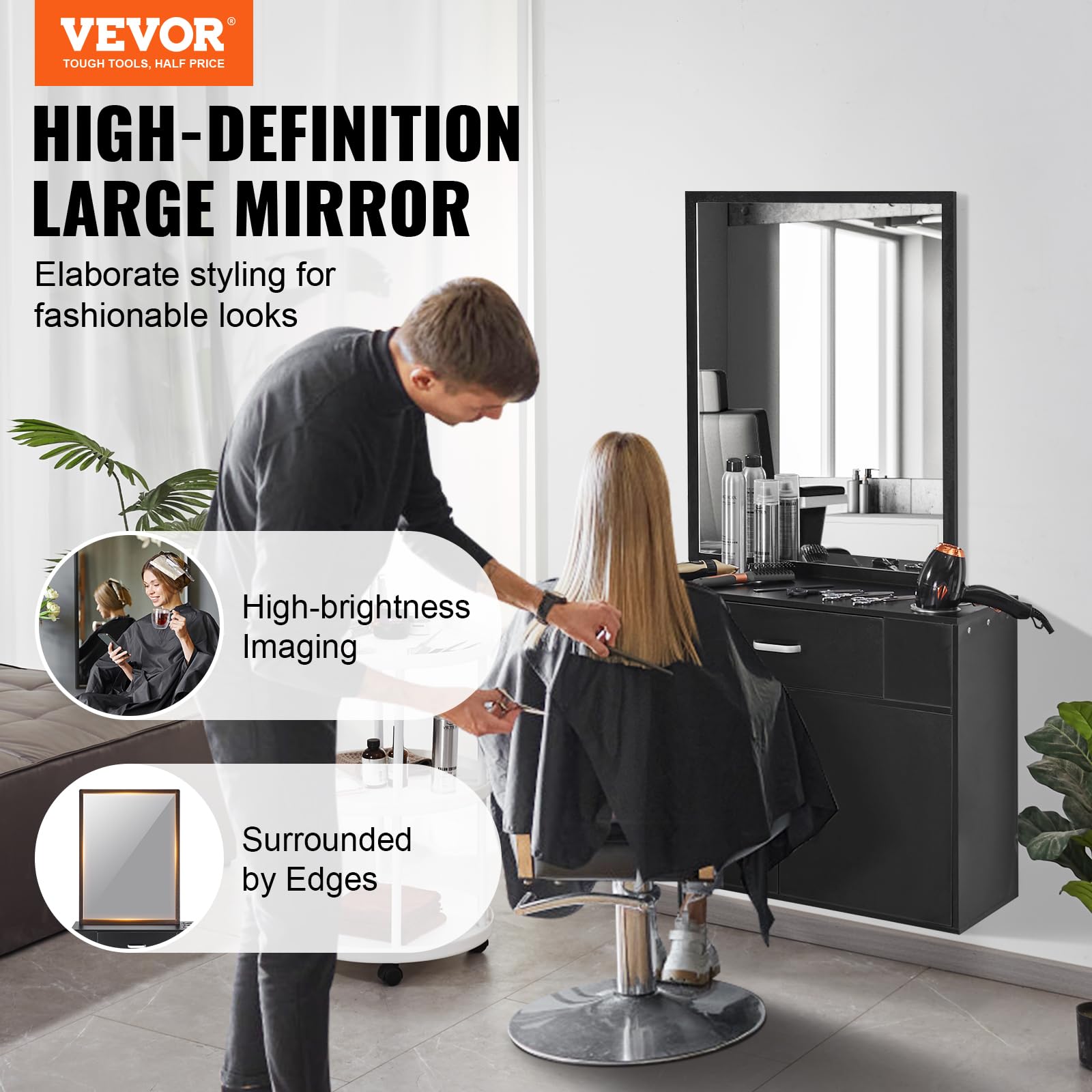 VEVOR Salon Storage Cabinet, Wall Mounted Barber Salon Station for Hair Stylist, Hair Stylist Station Set, with 3 Sleeves, A Mir