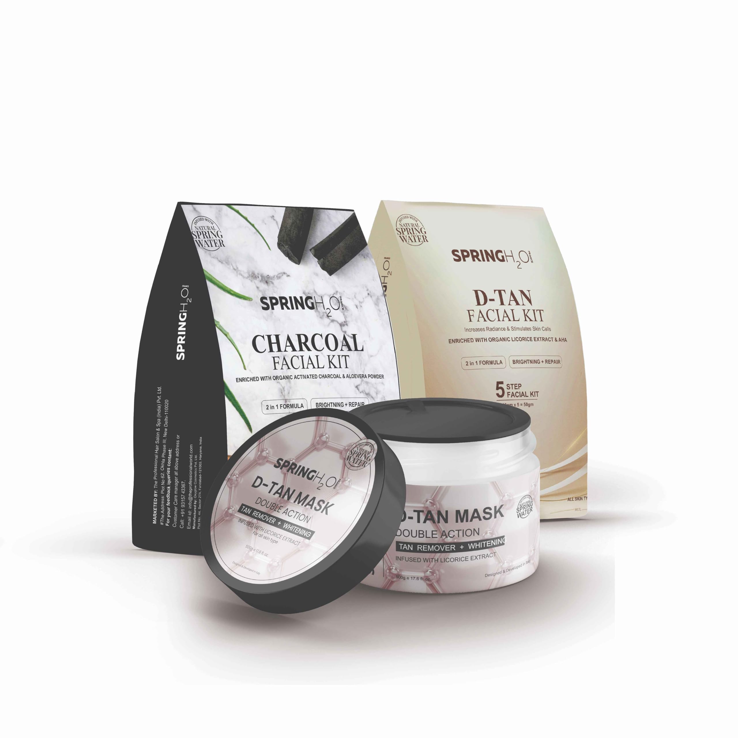 Spring H2O Charcoal Facial Kit & D-Tan Kit With 500G D-Tan Face Mask - Deep Cleansing & Brightening Mini Packs