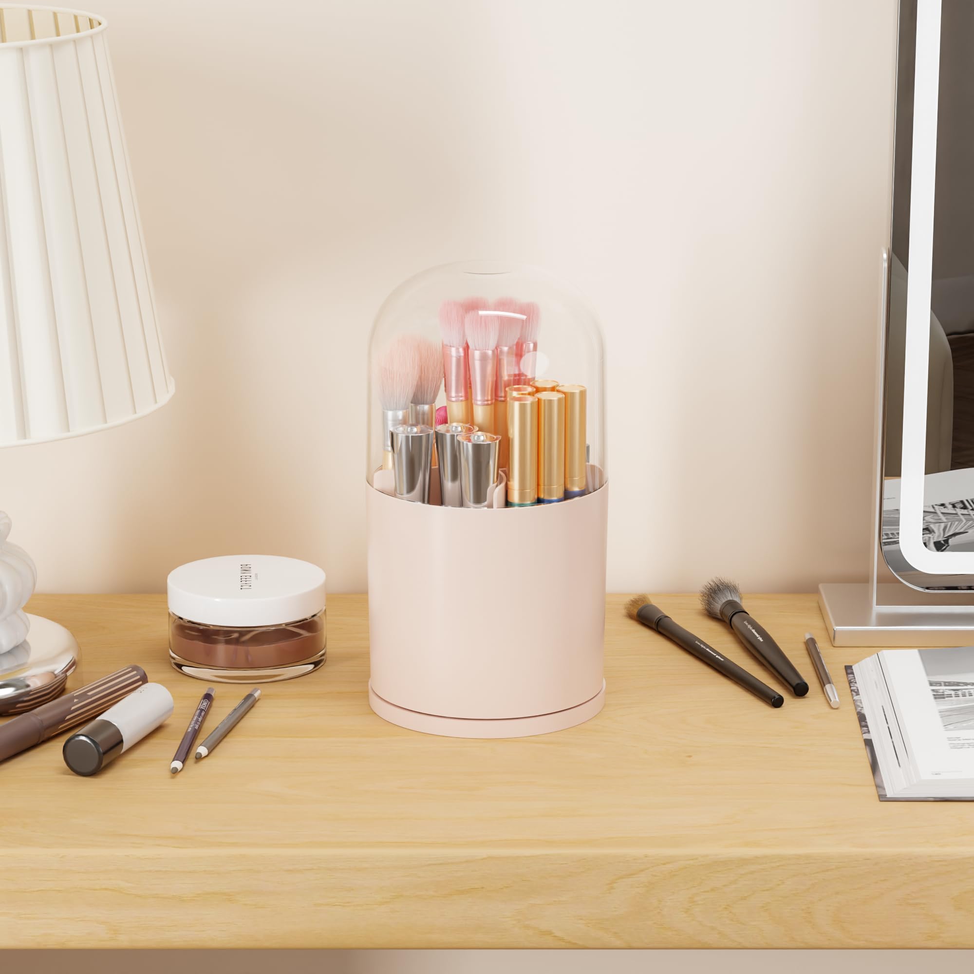 Yieach Rotating Acrylic Makeup Brush Holder with Lid for Vanity,Bathroom,Countertop,Covered Makeup Brushes Organizer,Round Spinn
