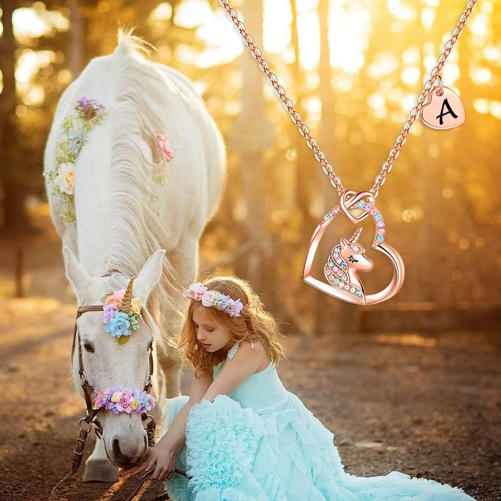 Unicorns Gifts for Girls Women, 14K Rose Gold Plated Initial L Pendant Heart Unicorn Necklace Girls Jewelry Letter Unicorn Neckl