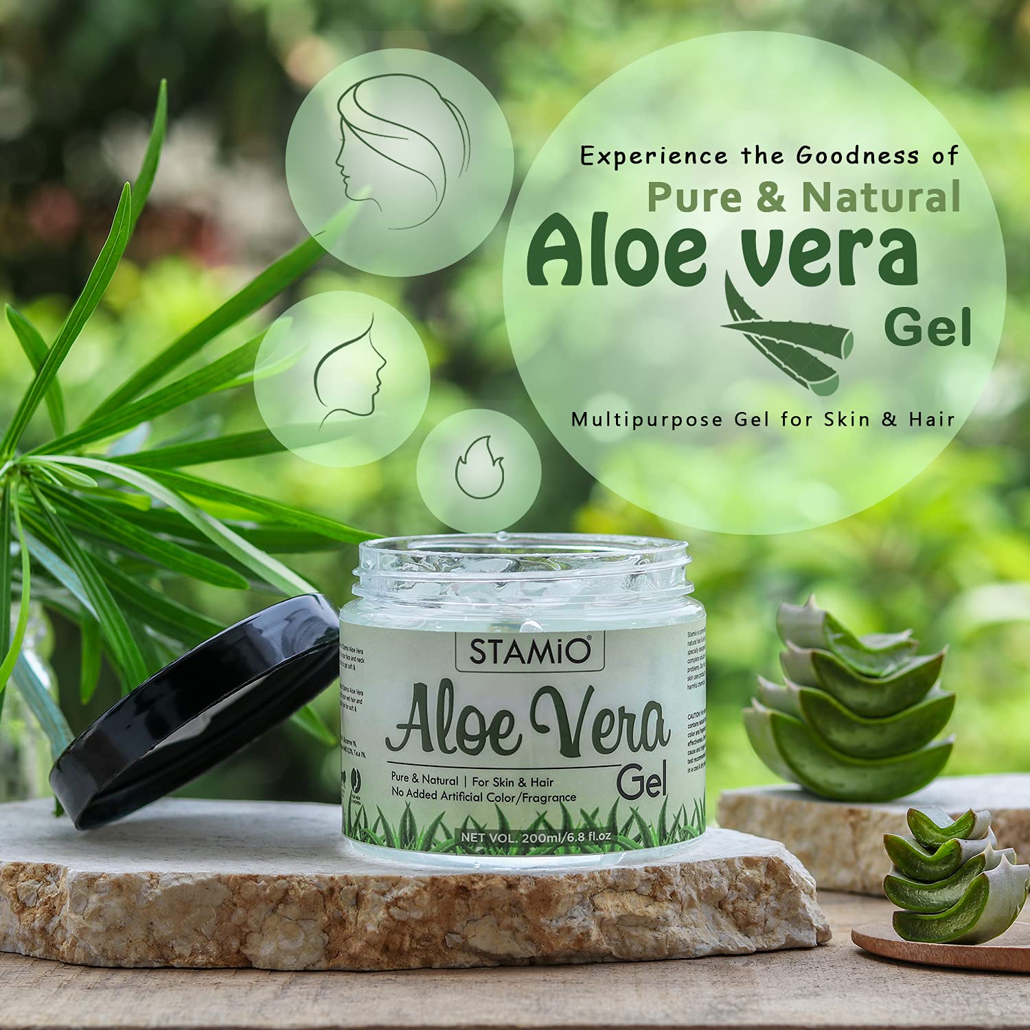 STAMIO Pure Aloe Vera Gel for All Skin & Hair Types | Multipurpose Beauty Gel | No Added Artificial Fragrance/Color | 200ml (Pac
