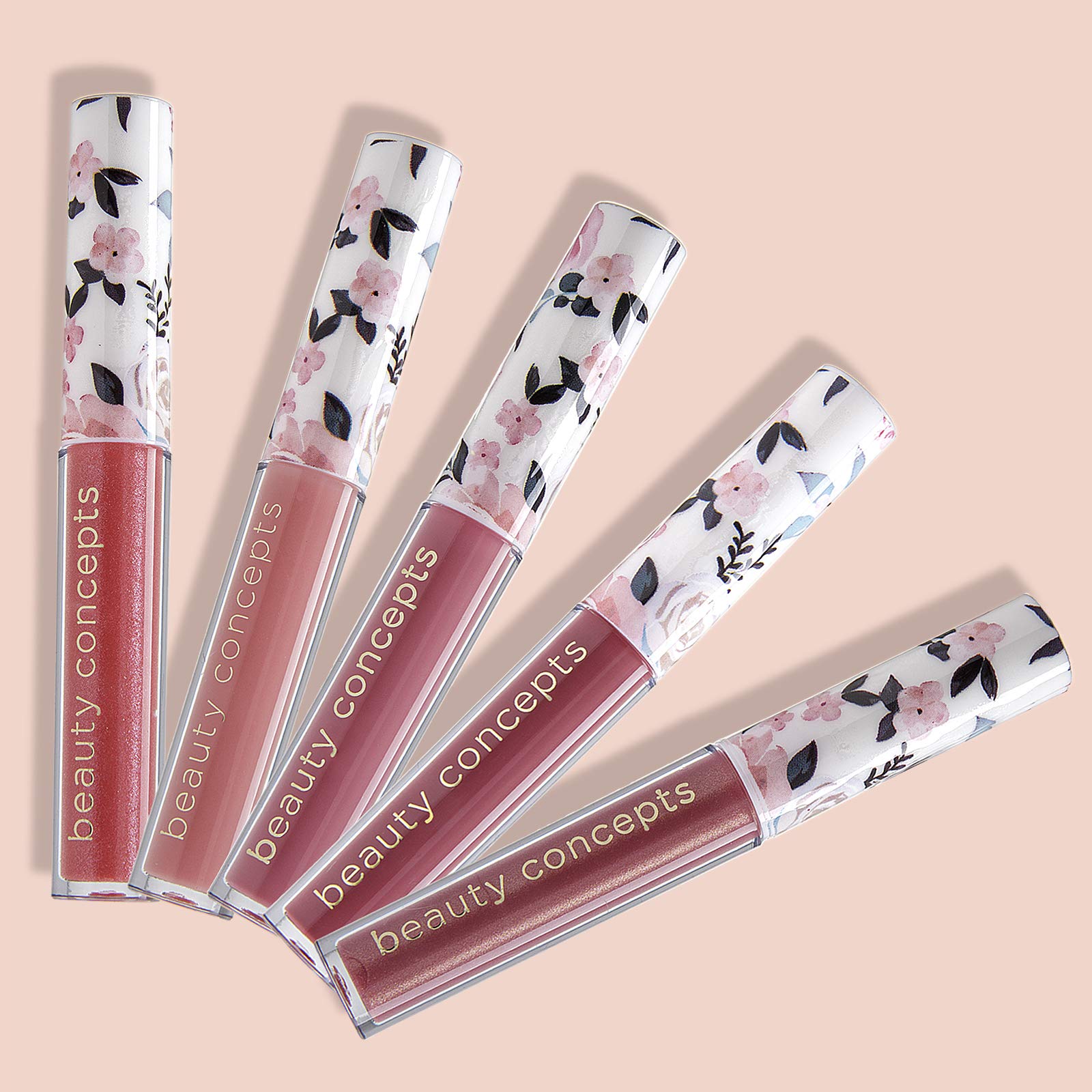 Beauty Concepts Lip Gloss Collection- 5 Piece Lip Gloss Set In Pink Colors, Sage Floral Box
