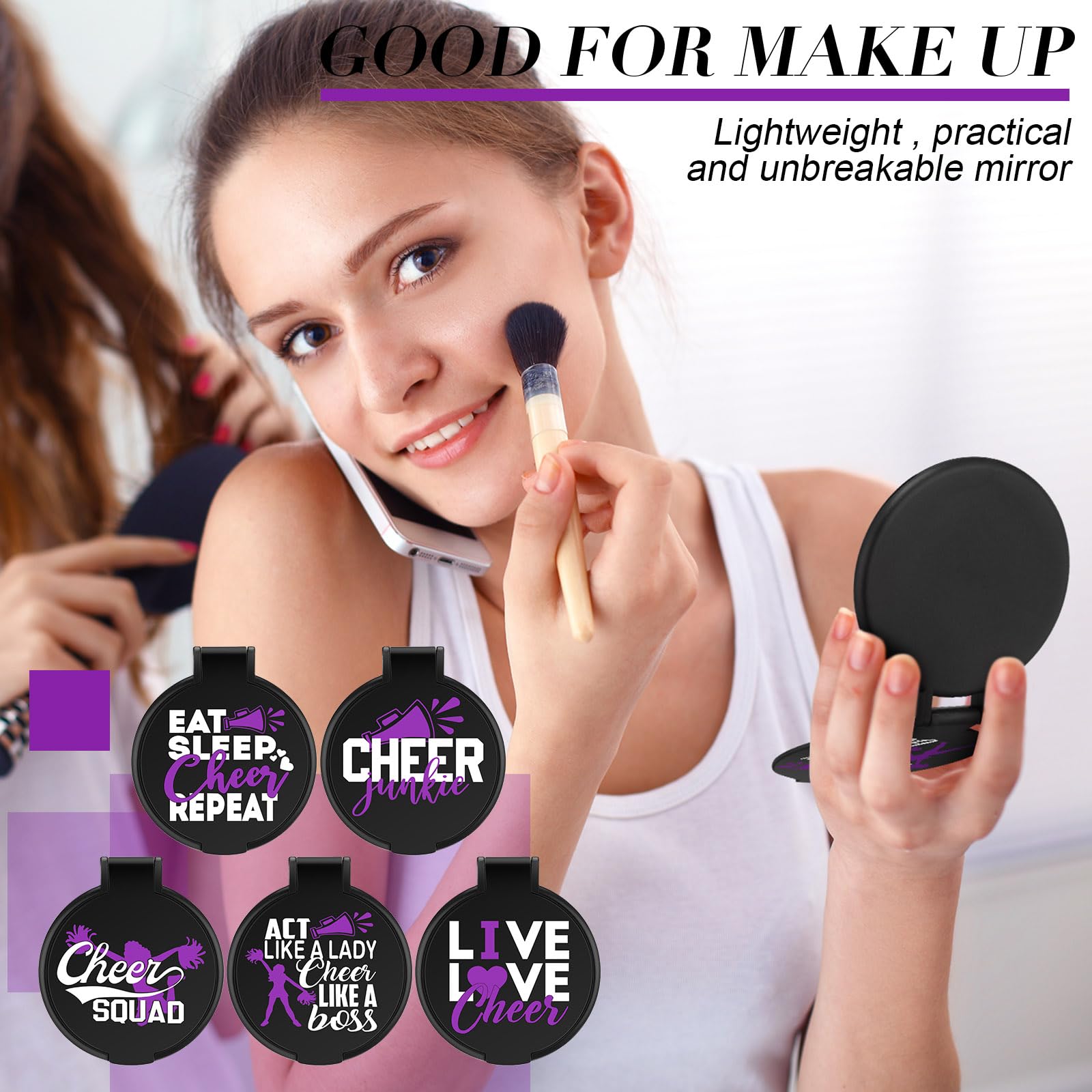 Wenqik 50 Pcs Cheerleader Mirror Gifts Cheerleading Compact Mirror Bulk Folding Pocket Mirror Cheer Party Favors For Team(Purple