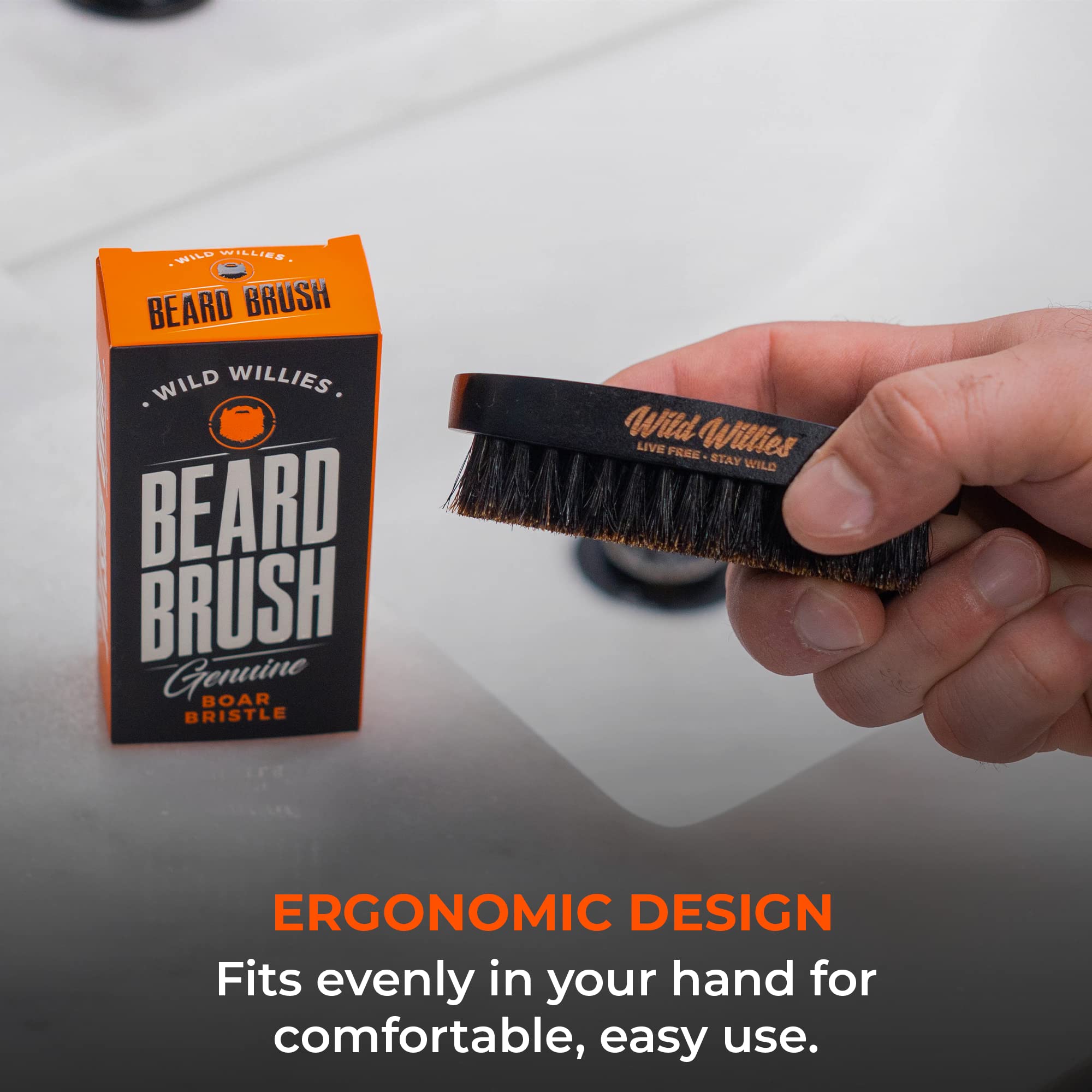 Wild Willies Natural Boar Bristle Beard Brush For Men - Professional Beard And Mustache Grooming Brush With Ergonomic Wooden Han