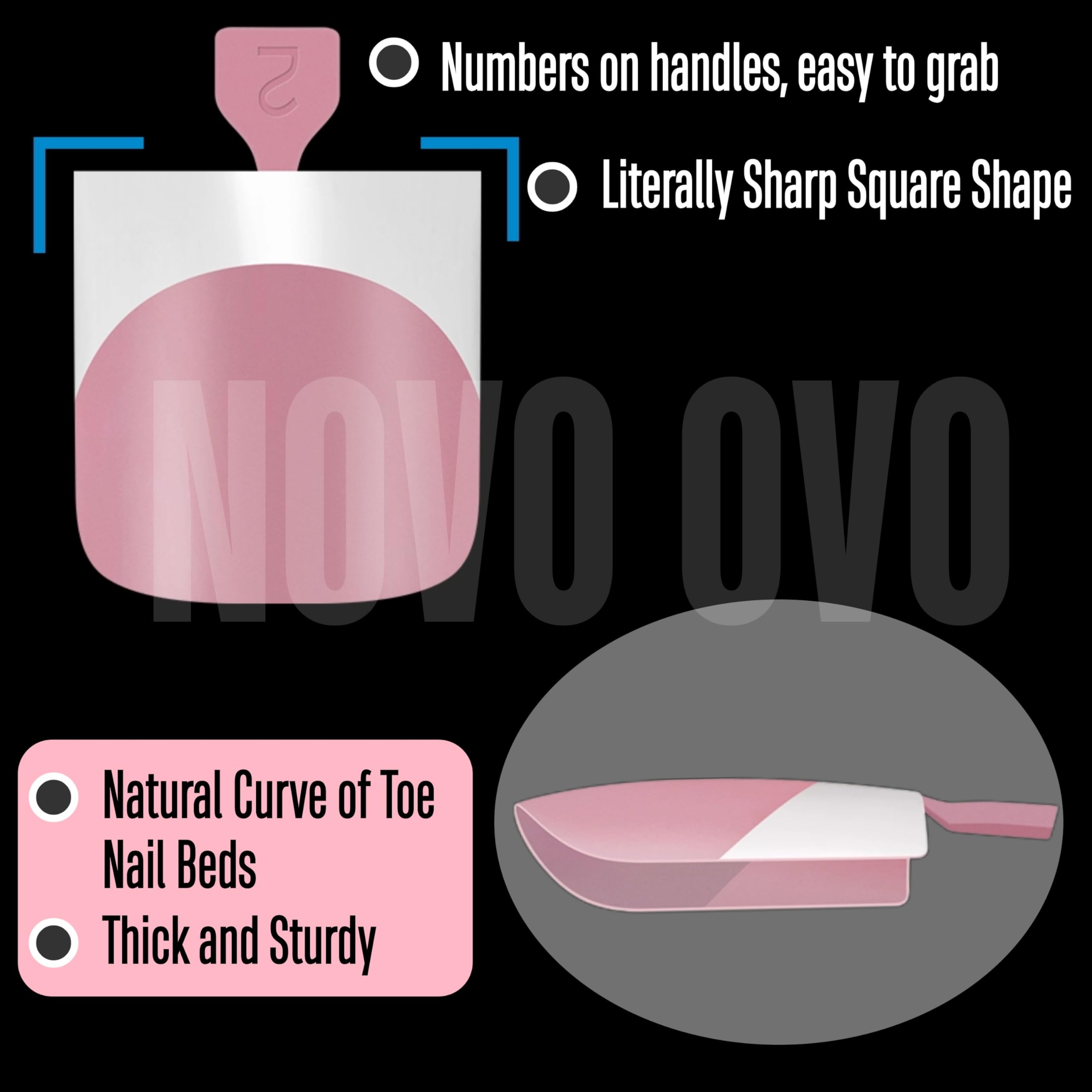 NOVO OVO Press-On French Tip Toe Nail Tips, Sharp Square, Berry Pink, Medium Size, 240 Pcs Soft Gel Full Cover for DIY