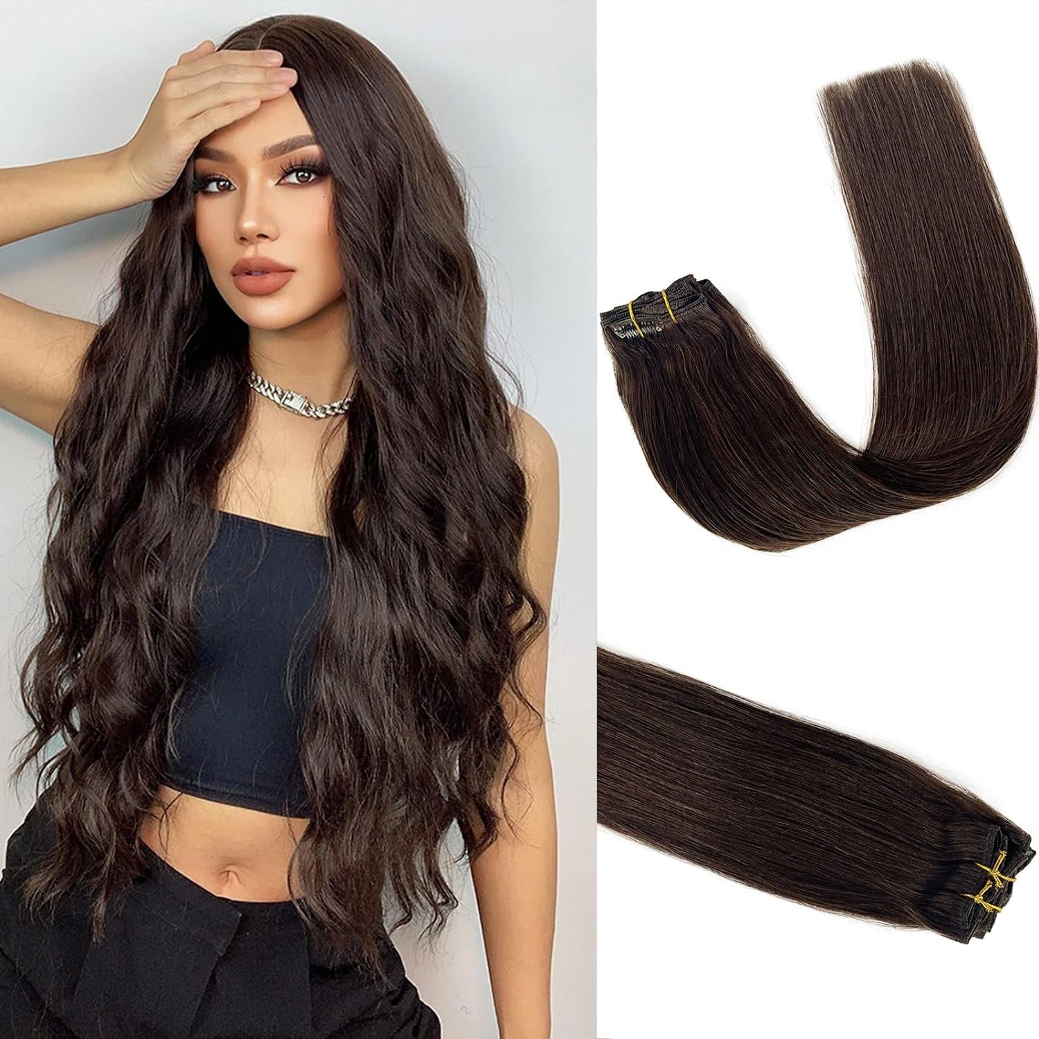 Clip In Hair Extensions Real Human Hair, Dark Brown Human Hair Clip In Extensions Straight Human Hair Clip Ins Double Weft Hair