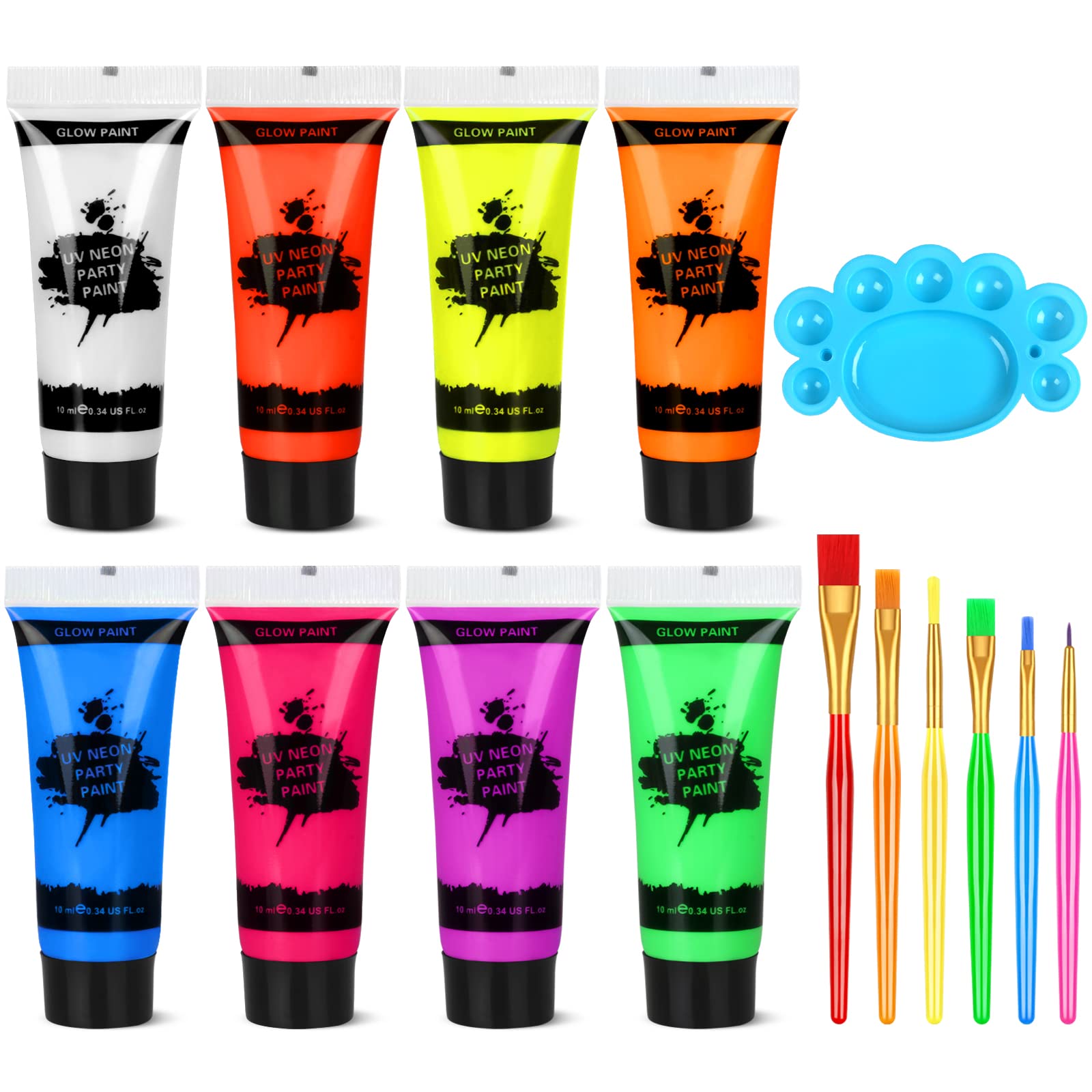 Blacklight Neon Face and Body Paint, 8 Tubes 0.34oz Glow in the Dark Body Paints, Neon Fluorescent Glow in Dark Party Supplies (