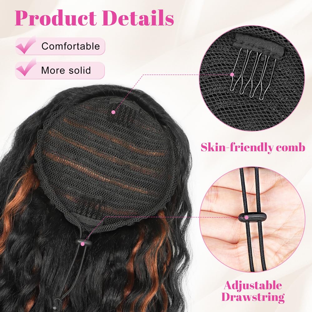 Alxnan Wavy Curly Ponytail Extension, 18'' Black With Highlights Drawstring Ponytail For Black Women Short Soft Natural Syntheti