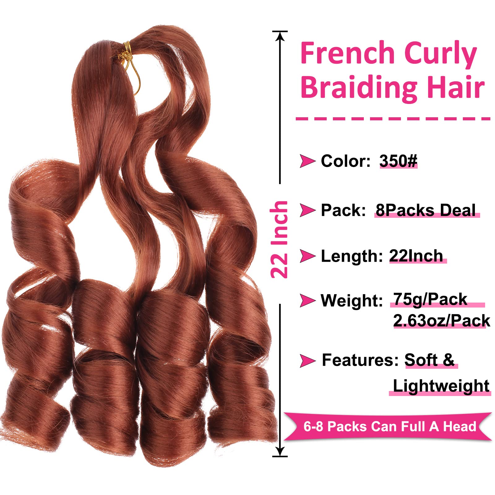 Unionbeauty 8 Packs French Curly Braiding Hair Ginger 22 Inch Pre Stretched Bouncy Braiding Hair Loose Wavy Crochet Braids Hair