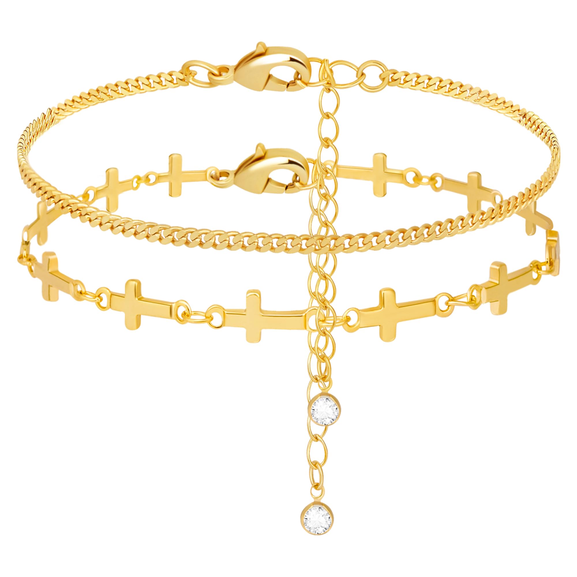 Poxtex Gold Cross Bracelets for Women No Tarnish 14K Real Gold Jewelry Set Dainty Waterpoof Cuban Bracelets 7   +2    Adjustable