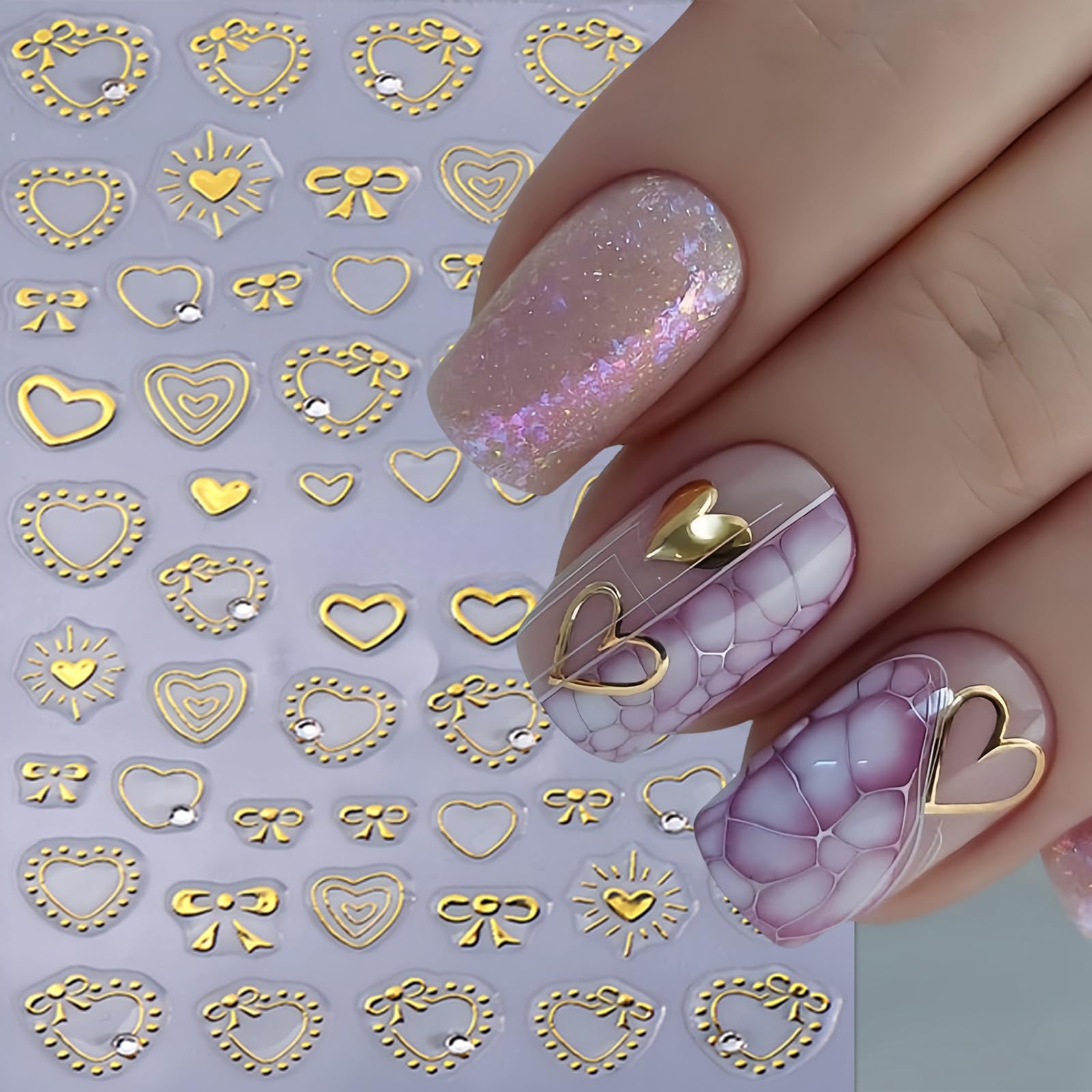 6Pcs Heart Bows Nail Art Stickers Valentine'S Day 3D Self Adhesive Nail Decals Gold Heart Rhinestone Letter Nail Sticker Golden