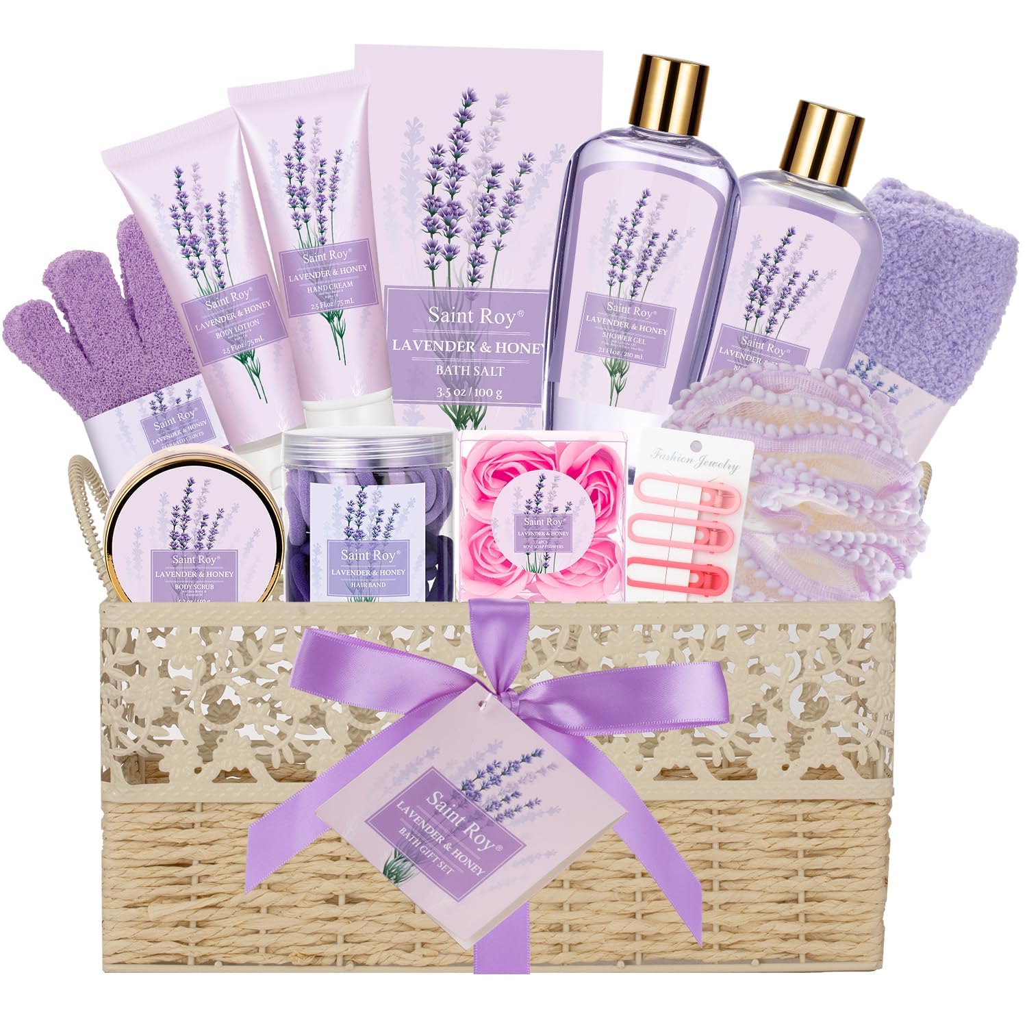 Luxury Bath & Body Set For Women Lavender & Honey Large Spa Basket 20Pcs Luxurious Bath Spa Kit For Women, Mother Day Gifts Perf