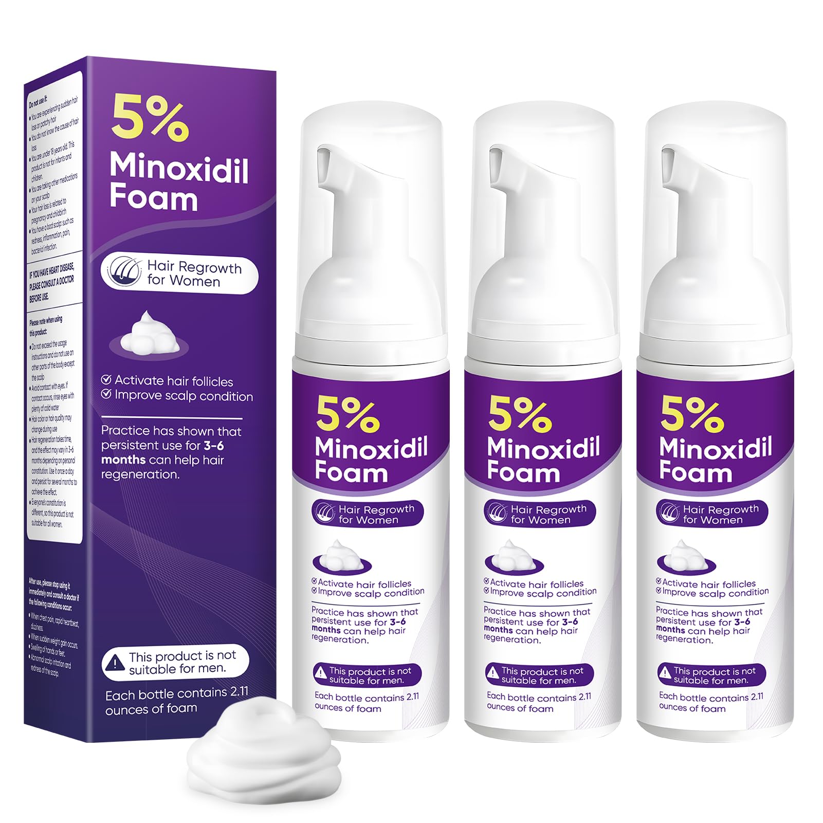 5% Minoxidil Foam for Women Hair Growth Suitable for Thinning 2.11oz 3 Pack