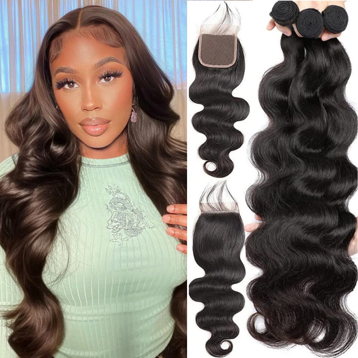Ralisa Brazilian Body Wave Bundles with Closure (18 20 22+14) 100% Unprocessed Human Hair Closure with 3 Bundles Weave Virgin Ha