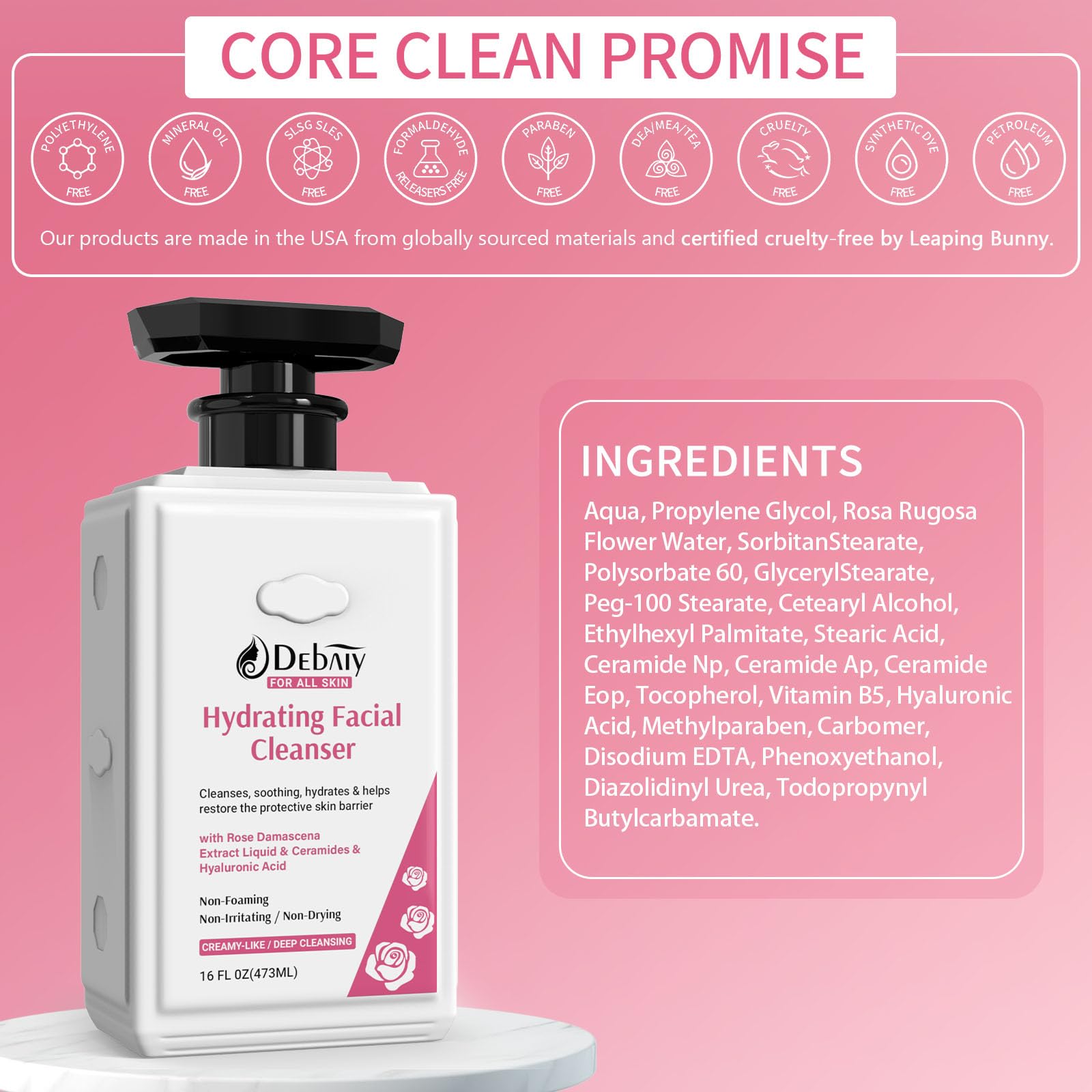 Rose Non Foaming Hydrating Facial Cleanser with Ceramide Face Wash for Family, Makeup Remover for Women Gentle Hydration & Purif