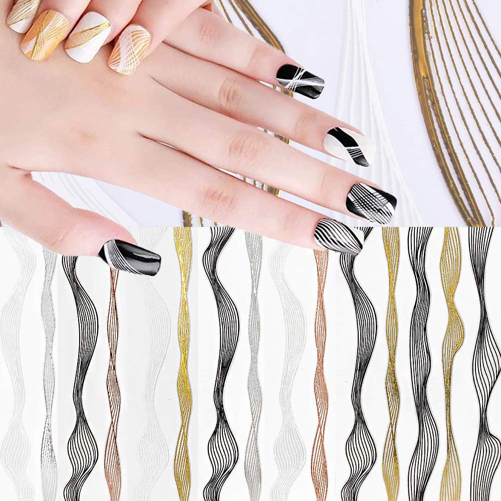 6 Sheets Metallic Nail Stickers, 3D Self-Adhesive Black White Gold Silver Stripe Wave Line Nail Decals Curve Stripe Lines Adhesi