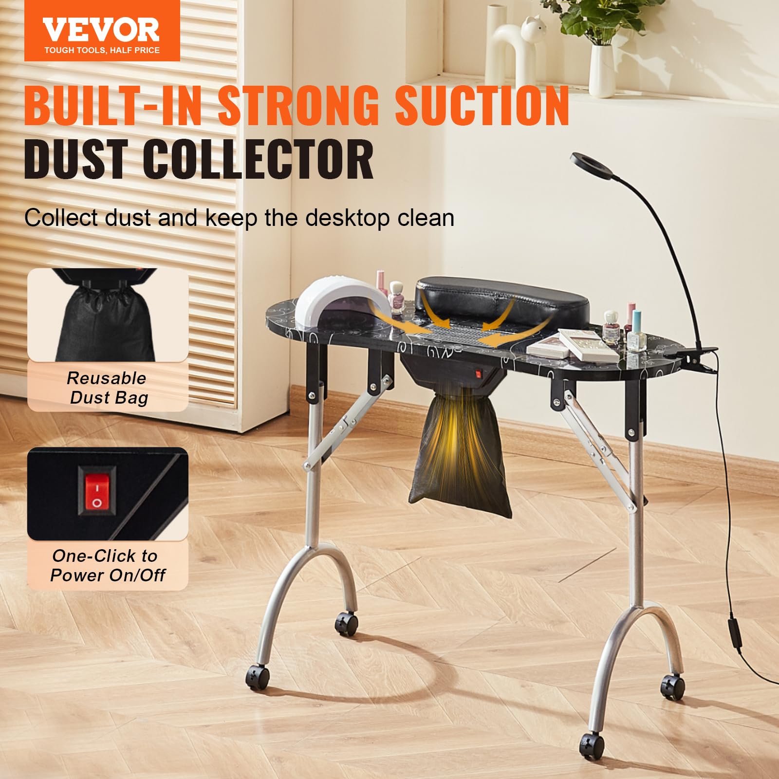 VEVOR Portable Manicure Table, Foldable Nail Table with Electric Dust Collector, Moveable Nail Tech Desk & 4 Wheels, 3 Dust Bags