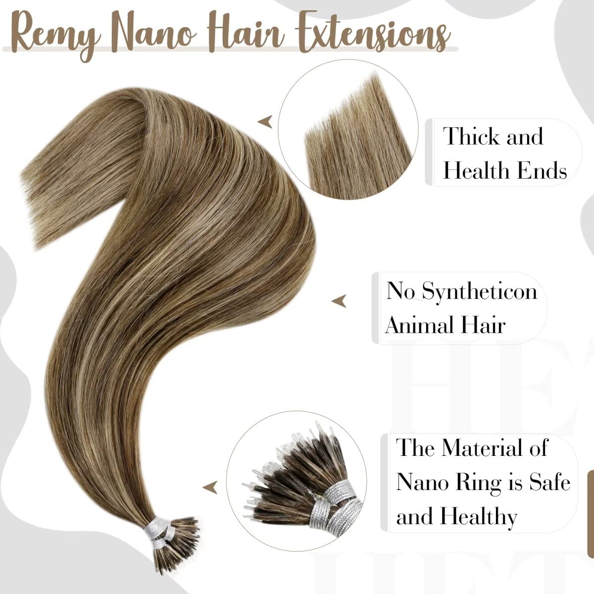 Hetto Nano Tip Extensions Real Human Hair Brown Highlighted Blonde Nano Link Human Hair Extensions Invisible Nano Ring Hair Exte