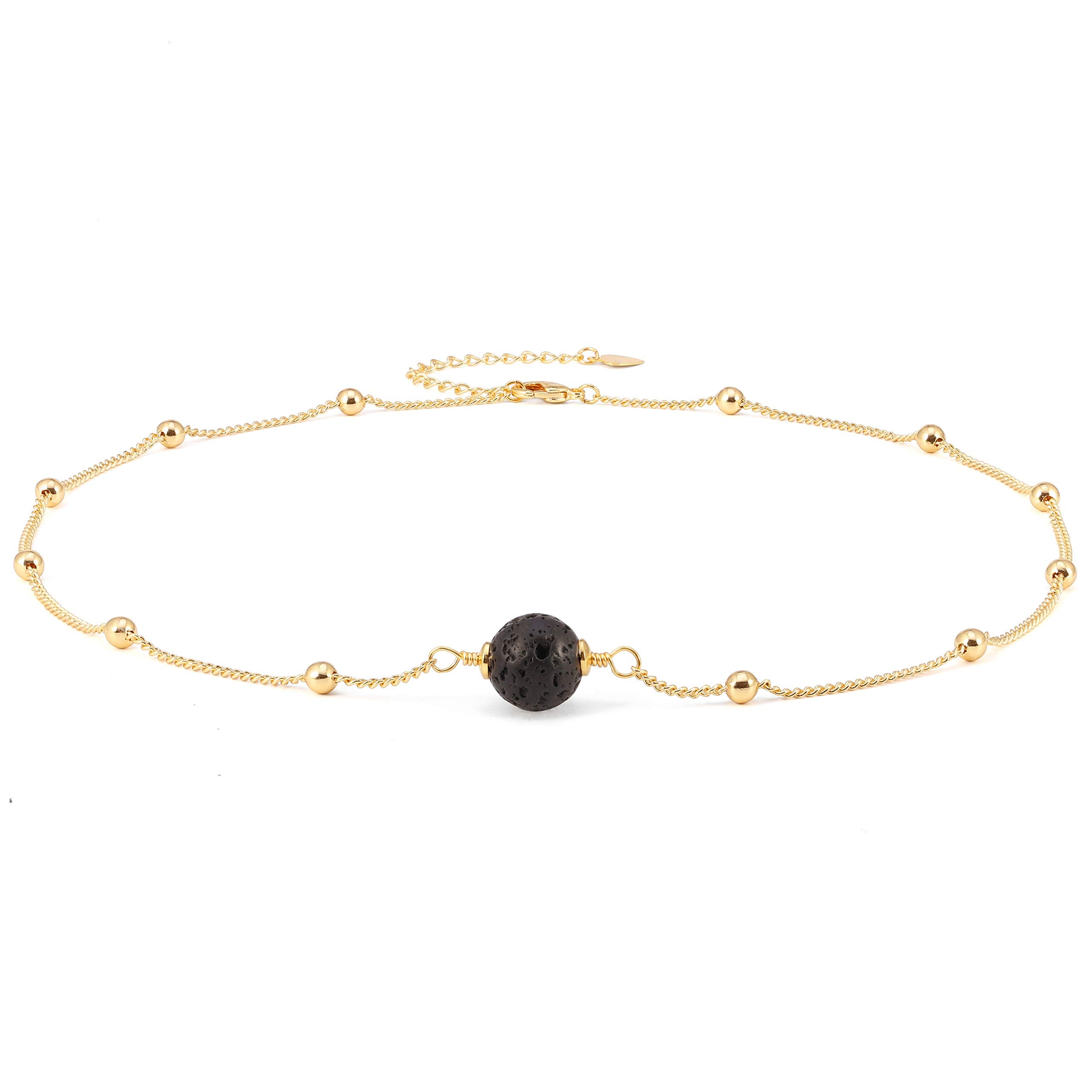 Aobei Pearl Lava Stone Pendant Necklace 18K Gold Satellite Chain Choker Essential Oil Diffuser Jewelry for Women 16''