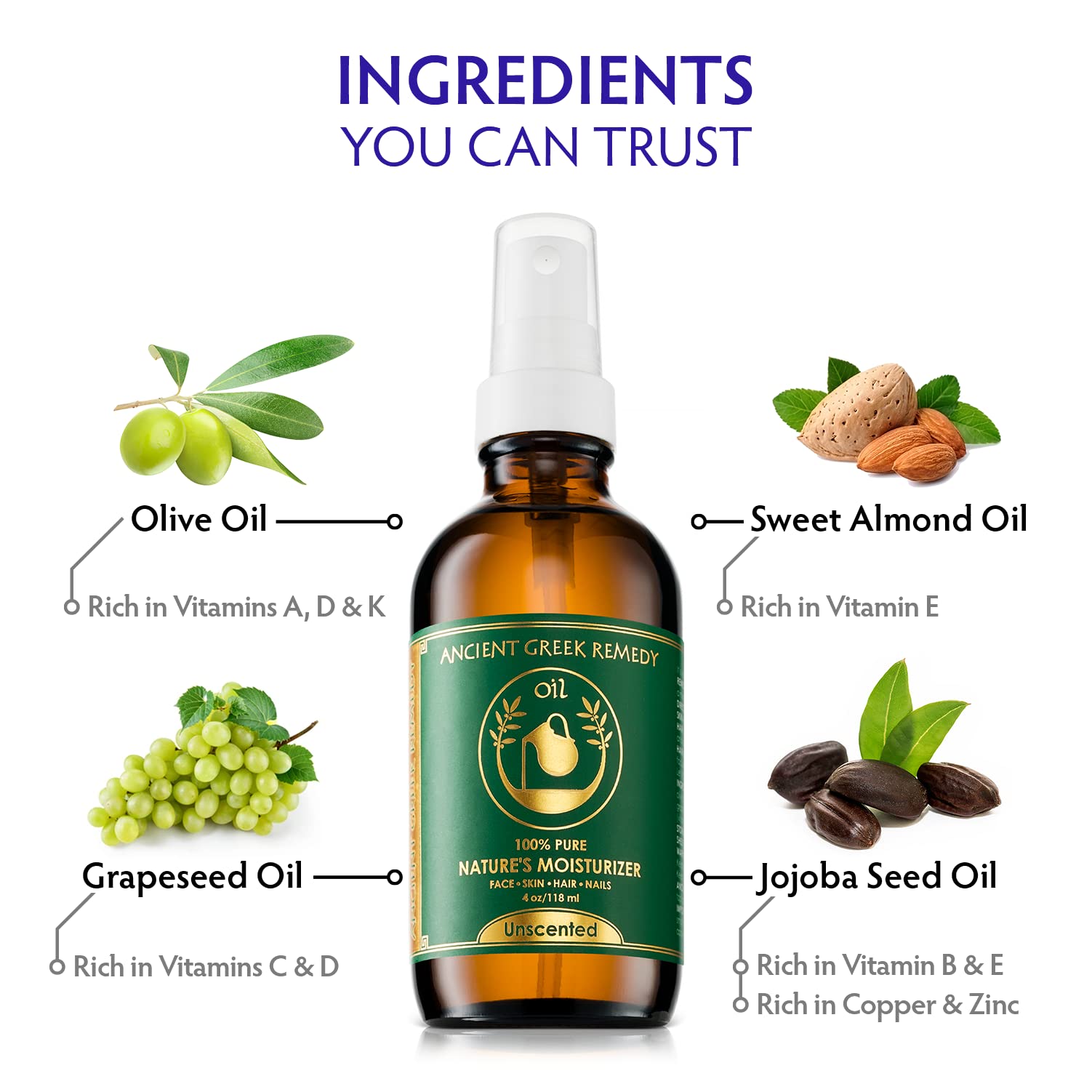 Unscented Organic Face And Body Oil Made Of Olive, Almond, Jojoba, Grapeseed, Sunflower, And Vitamin E Oil For Sensitive Dry Ski