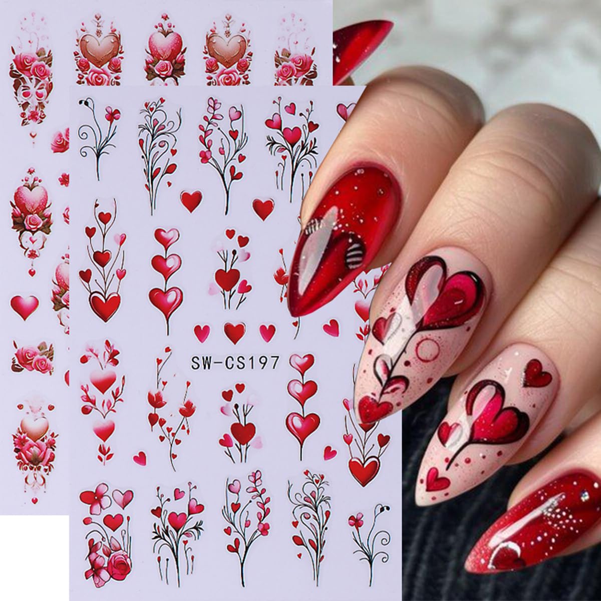Valentine'S Day Nail Art Sticker Decals Red Love Heart Rose Nail Stickers 6Pcs 3D Self-Adhesive Love Heart Tree Rose Valentines