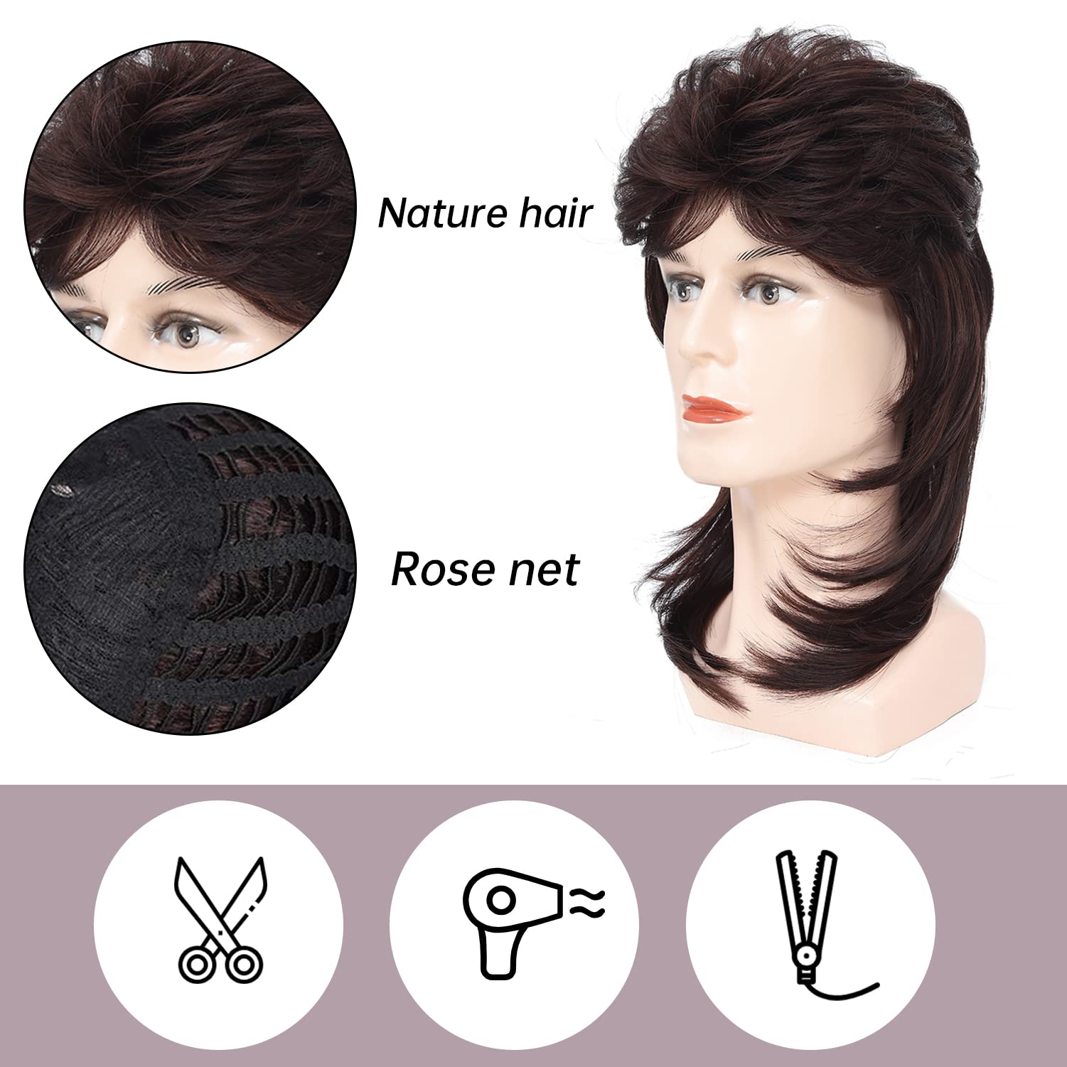 Traqur Mullet Wigs for Men Joe Dirt Emo Wig 80s 90s Costumes Fancy Party Accessory Cosplay Wig Halloween Man x (Dark Brown)