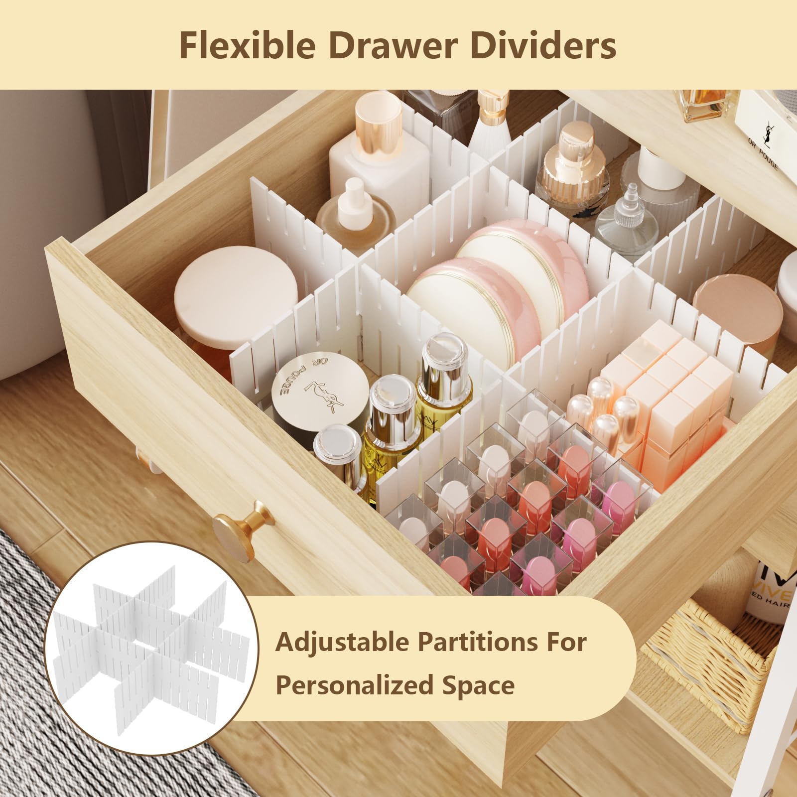 DONGRONG Makeup Organizer Cart, Rolling Floor Skincare Organizer and Storage with 2 Wooden Drawers, Cosmetics Display Cases Hold