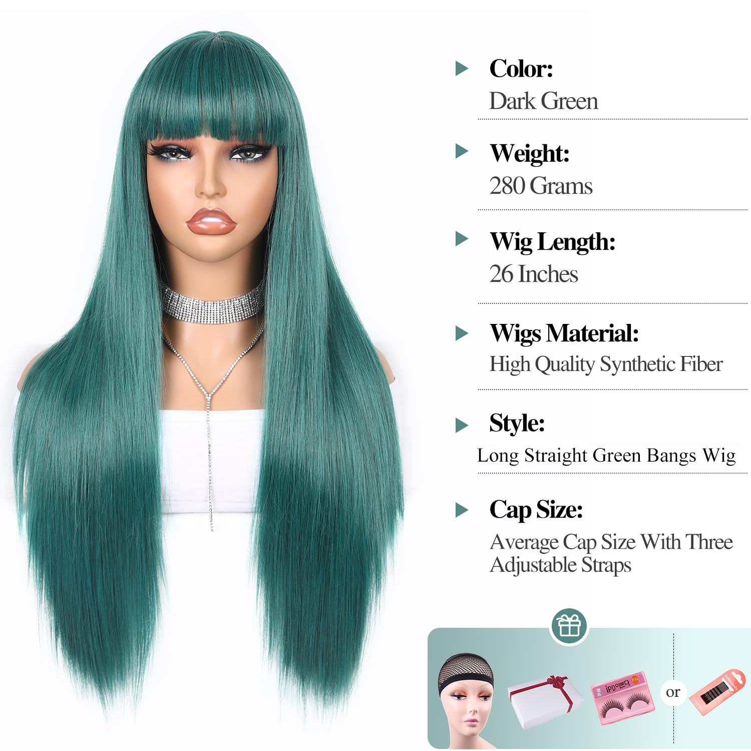 Wiger Long Green Wigs With Bangs Straight Dark Green Hair Wig For Women Long Bangs Wig Full Green Cosplay Wig For Girls Syntheti