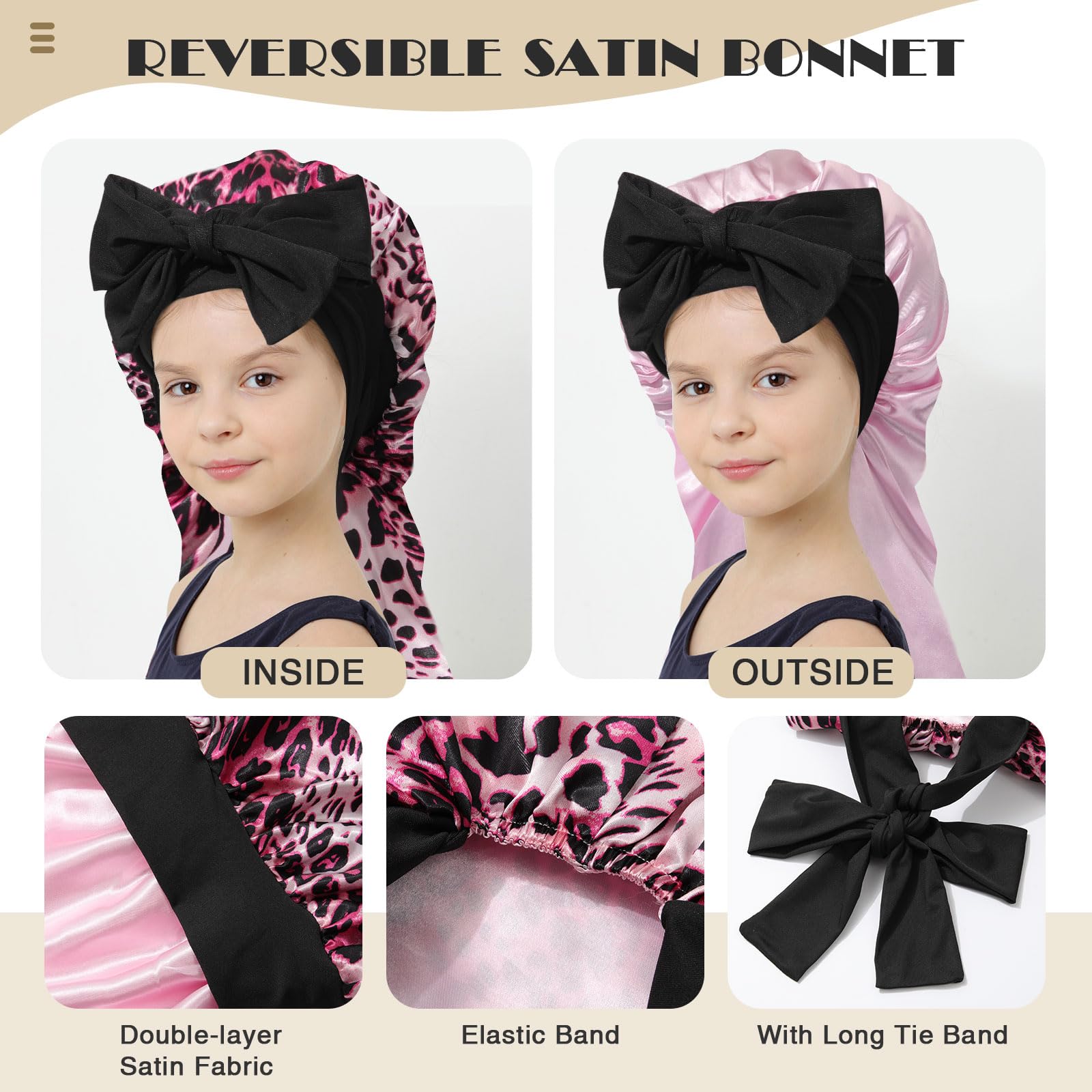 Kids Long Hair Bonnet For Sleeping - Double Layer Girls Elastic Satin Bonnet With Tie Band For Braid Curly Hair (Pink Leopard+Pi