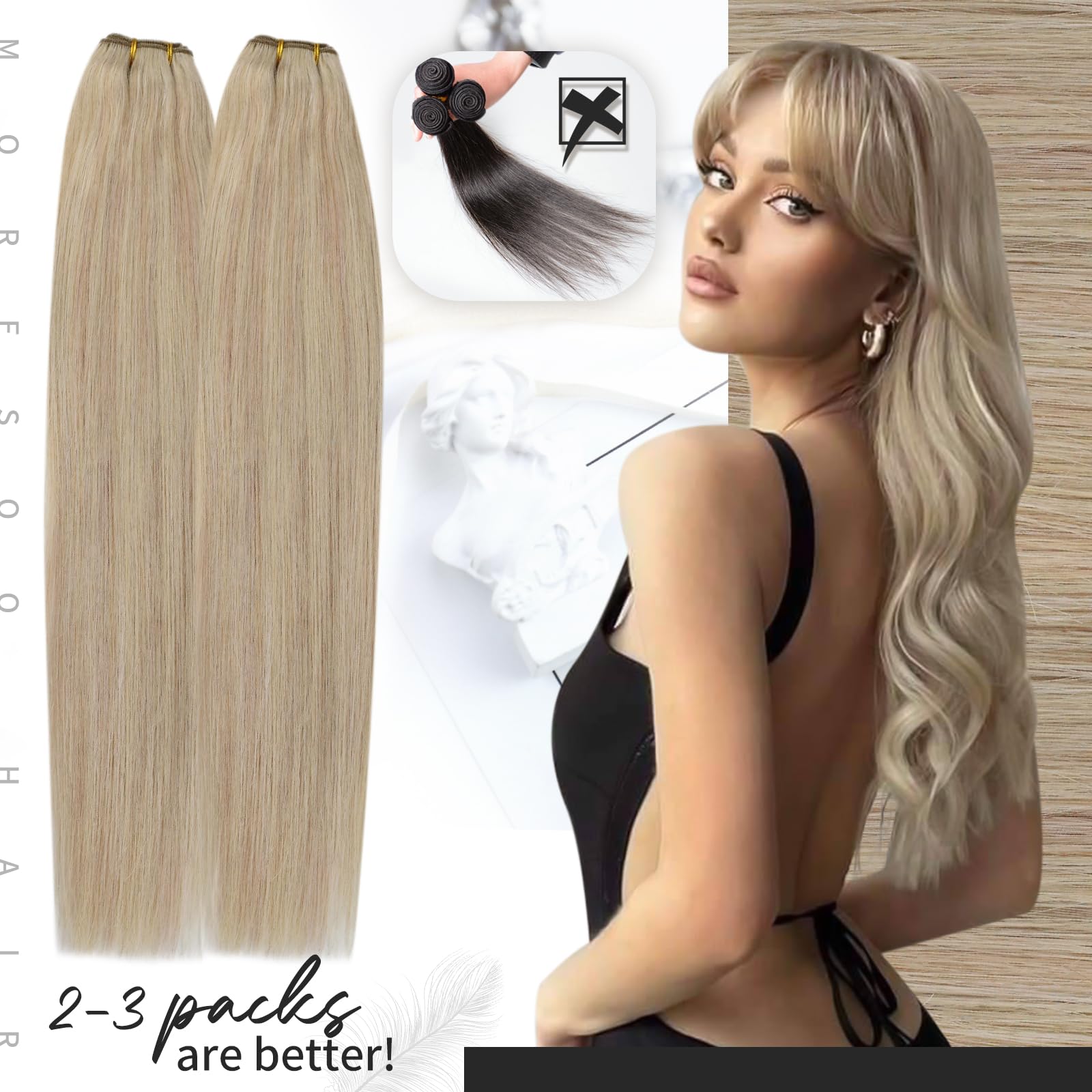 Moresoo Sew In Hair Extensions Real Human Hair Blonde Highlight Weft Extensions Human Hair Ash Blonde With Blonde Sew In Weft Hu