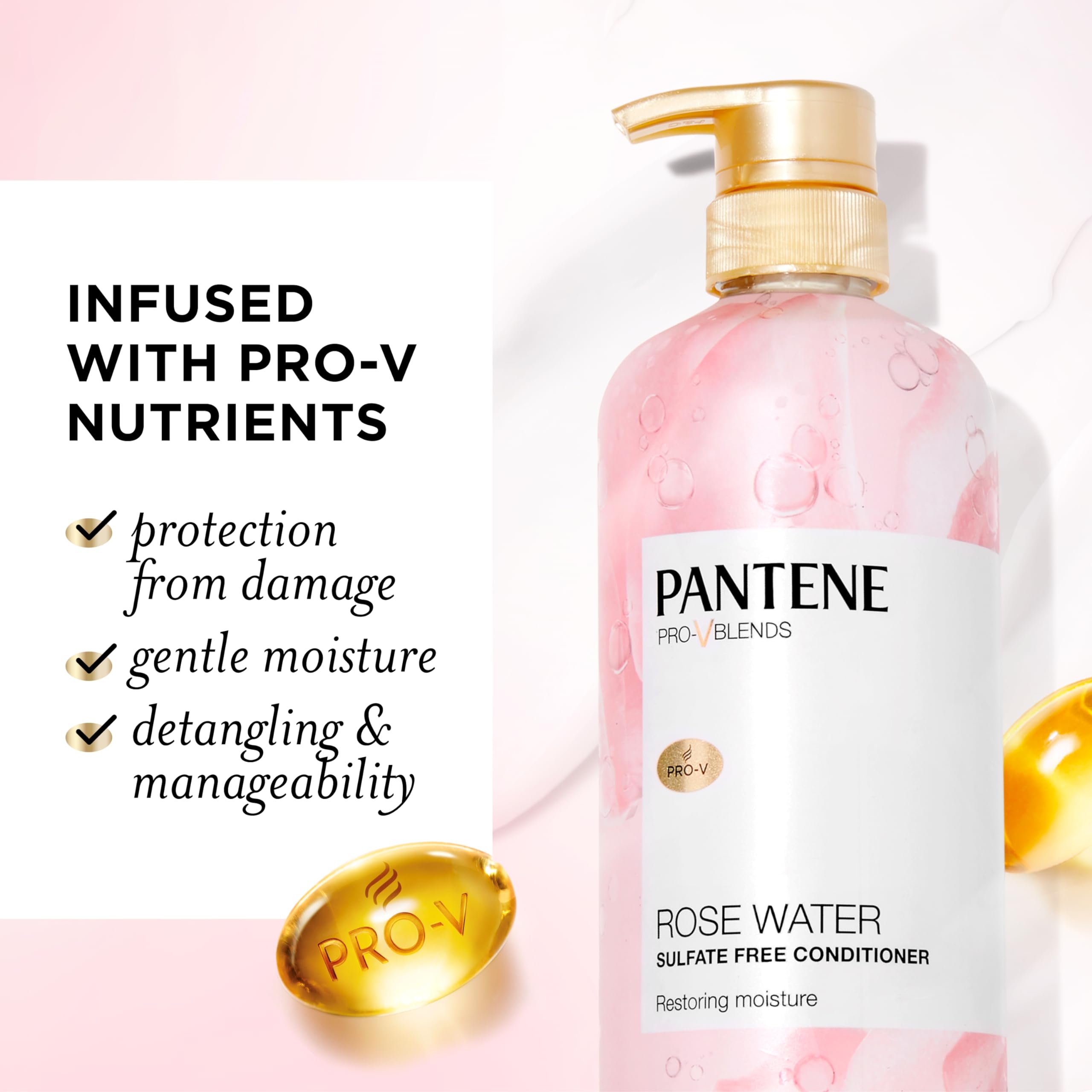 Pantene Rose Water Conditioner, Soothes, Replenishes Hydration, Safe For Color Treated Hair, Nutrient Infused With Vitamin B5 An