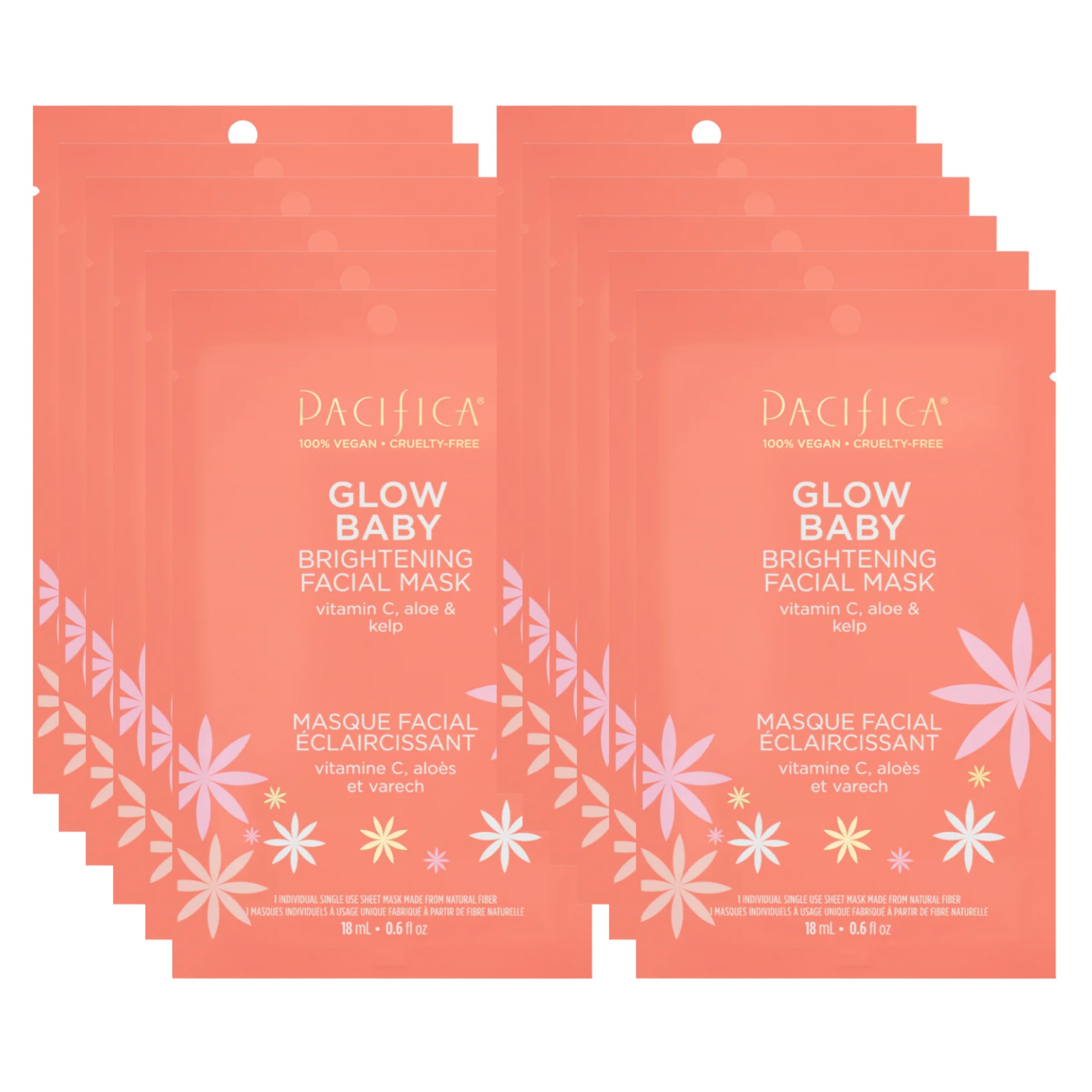 Pacifica Sheet Face Mask - 12 Pack - Glow Baby Brightening Facial Mask w/Vitamin C, Aloe & Kelp - Cooling Mask for Dark Spots & 