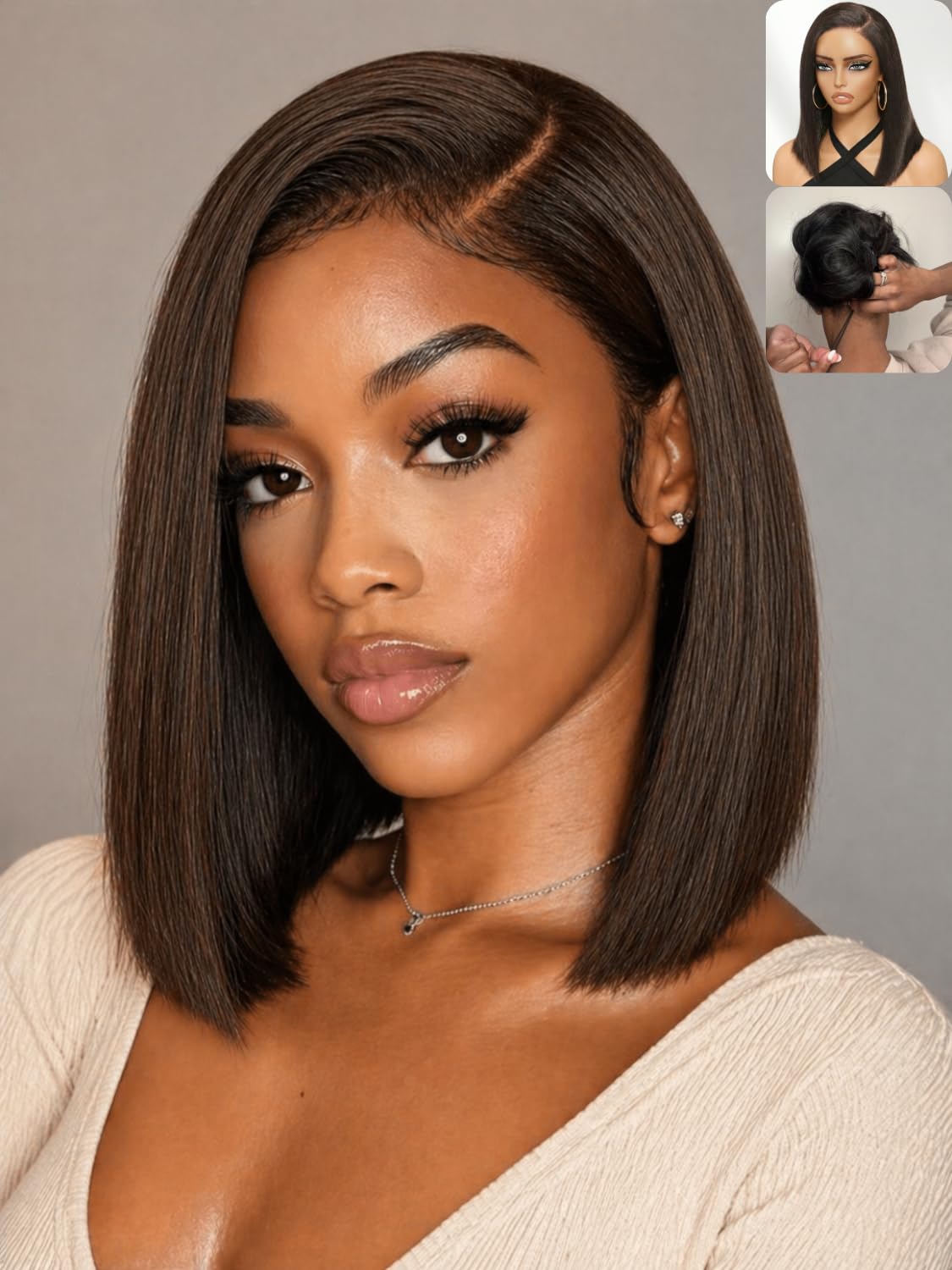 Nadula Dark Chocolate Brown Yaki Straight Bob Drawstring Wig Human Hair Side Part with No Slip Cap,Glueless 7x5 Bye Bye Knots Wi